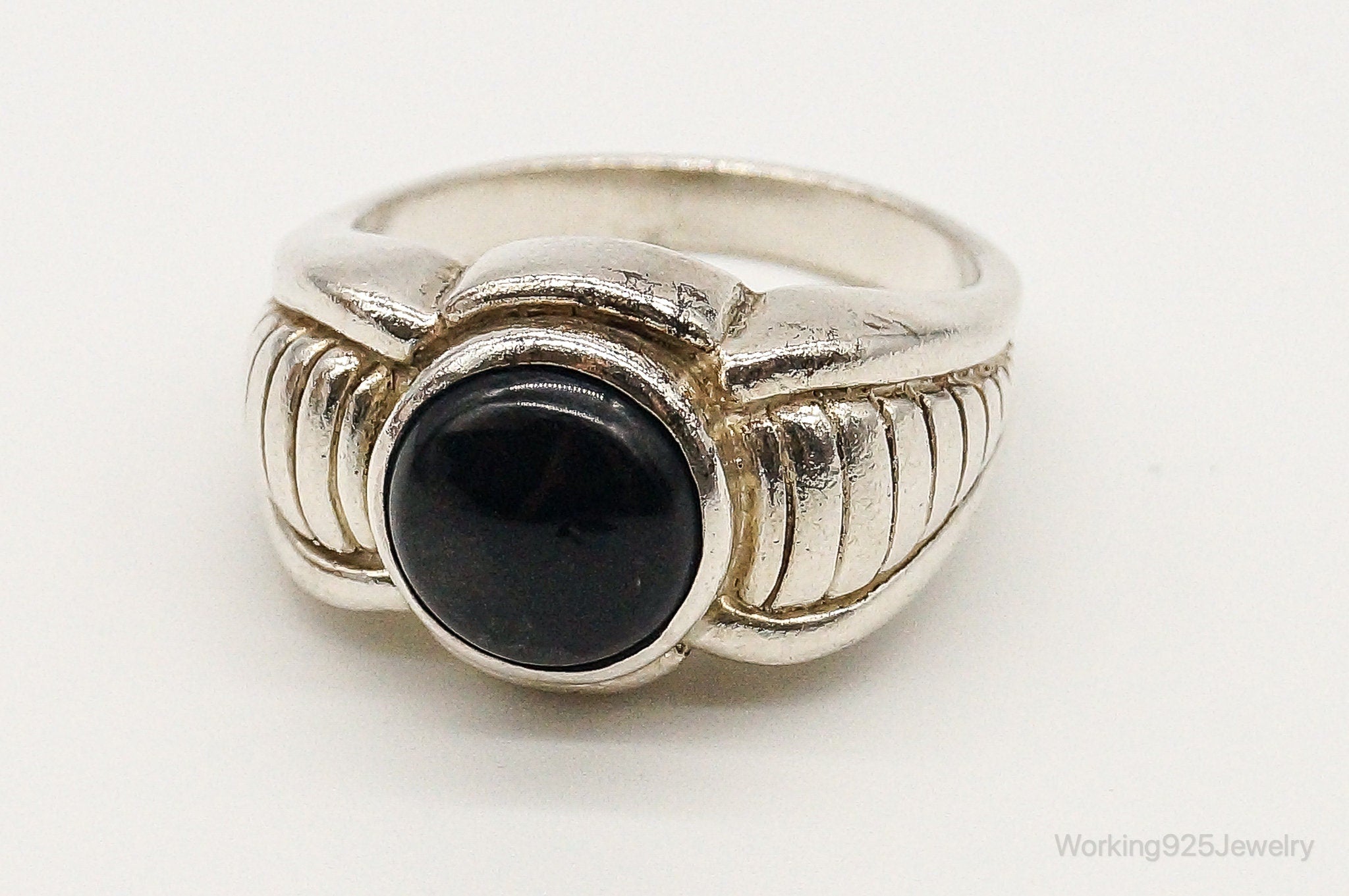 Vintage Black Onyx Art Deco Sterling Silver Ring - Size 10