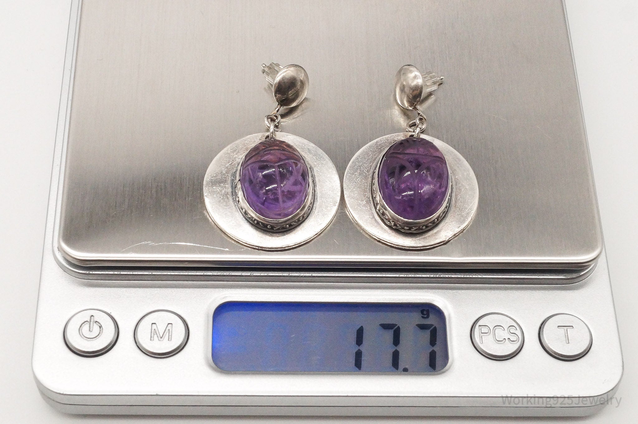 Vintage Large Carved Amethyst Egyptian Scarab Sterling Silver Earrings