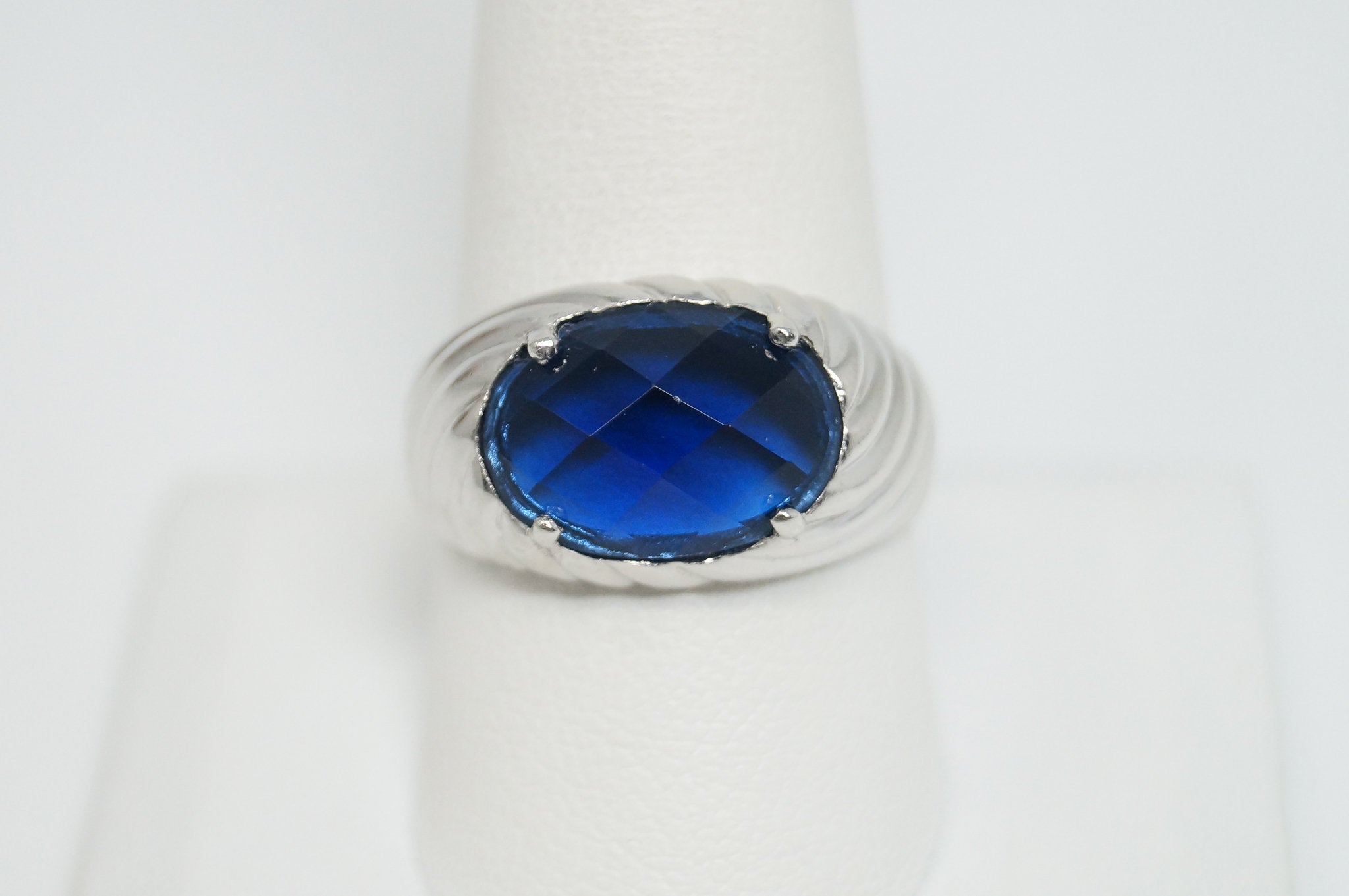 Vintage Art Deco Blue Sapphire Sterling Silver Ring - Sz 9.75