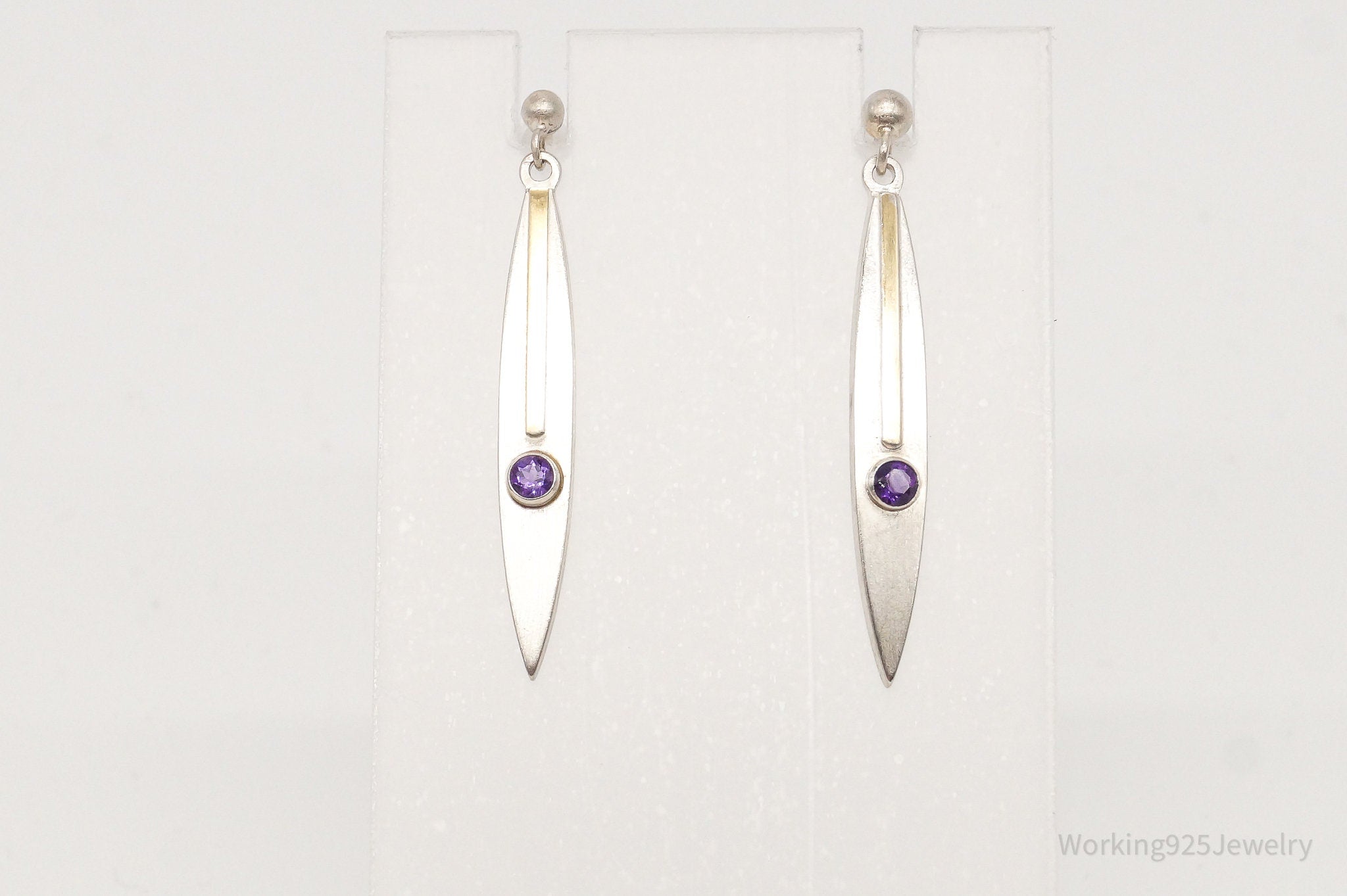 Vintage Amethyst 14K Gold Sterling Silver Dangle Earrings