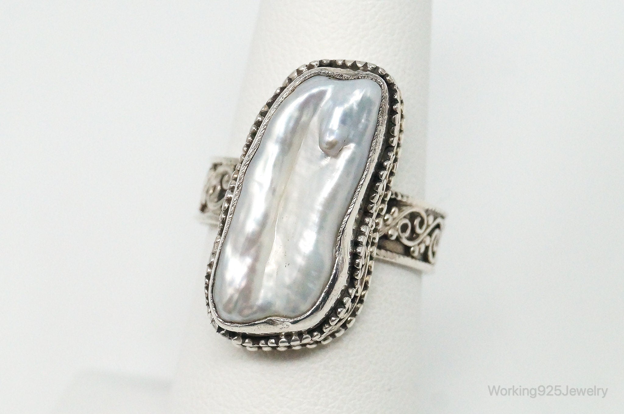 Vintage Bali Style Pearl Sterling Silver Ring - Size 7.25