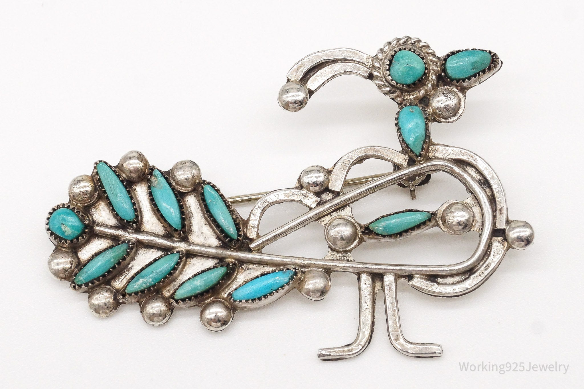 Vintage Handmade Native American Unsigned Turquoise Bird Silver Brooch Pin