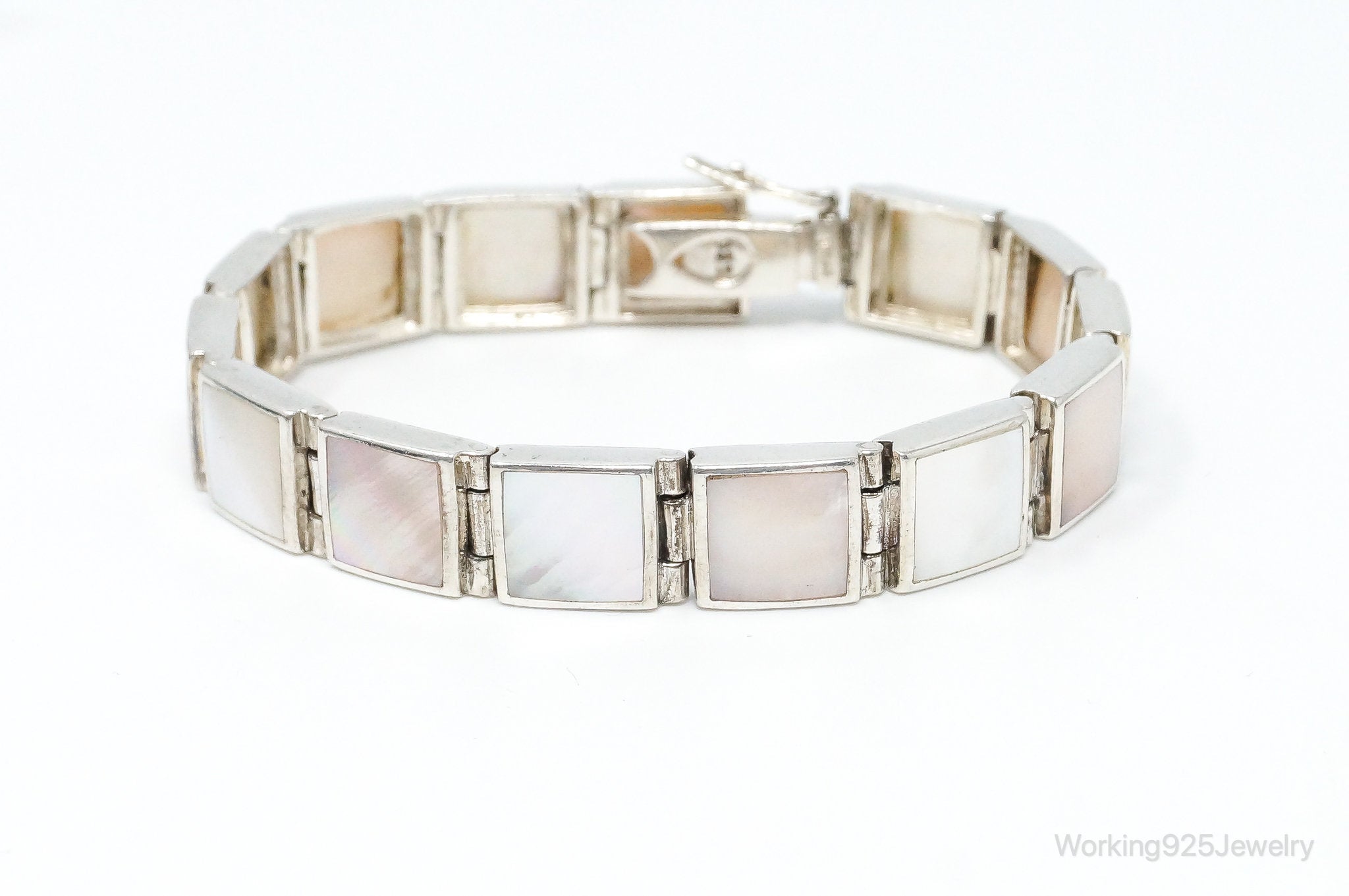 Vintage Designer FAS Mother Of Pearl Sterling Silver Panel Bracelet