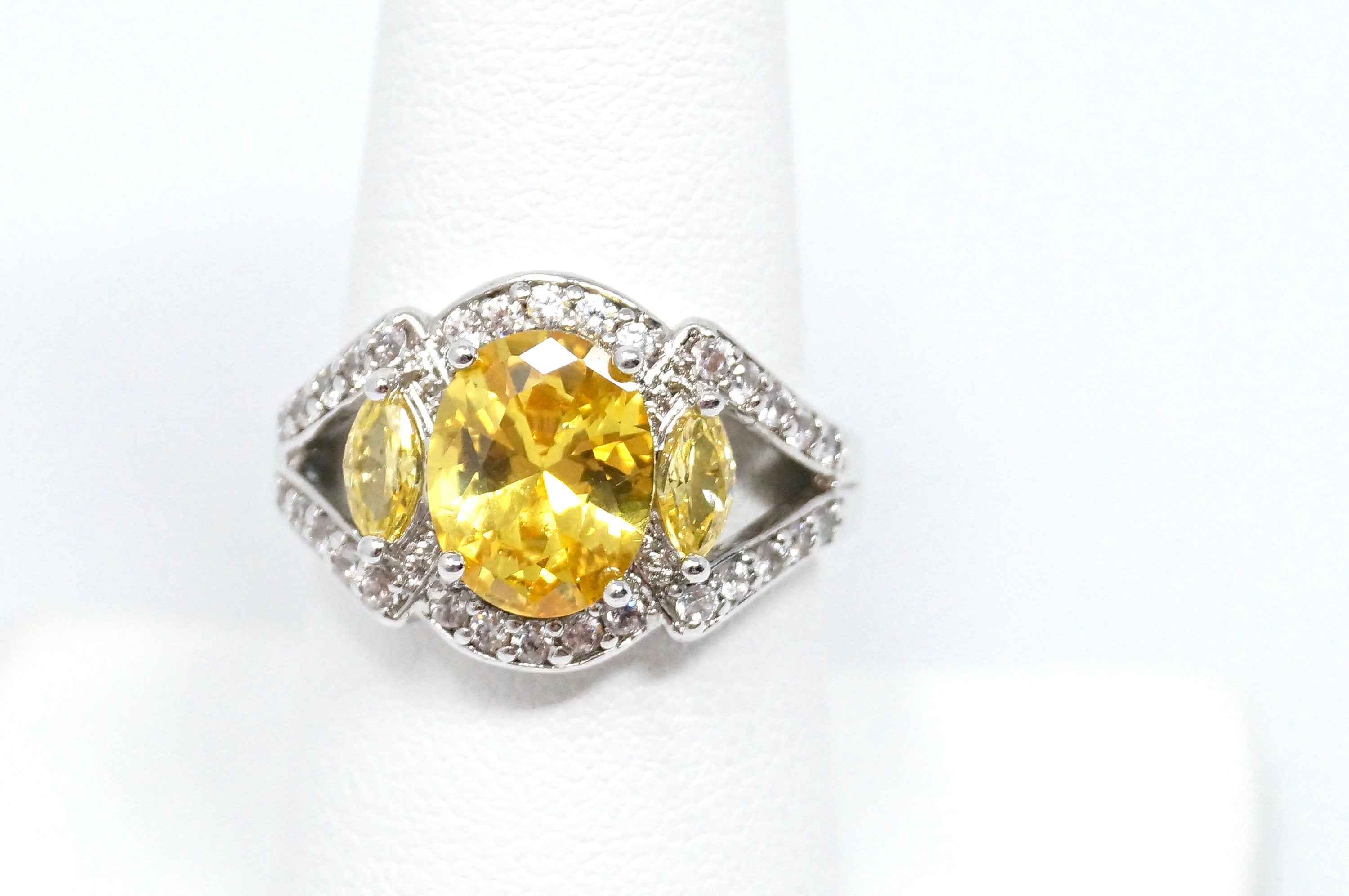 Art Deco Vintage Large Citrine Cz Accented Statement Ring Sterling Silver Sz 8