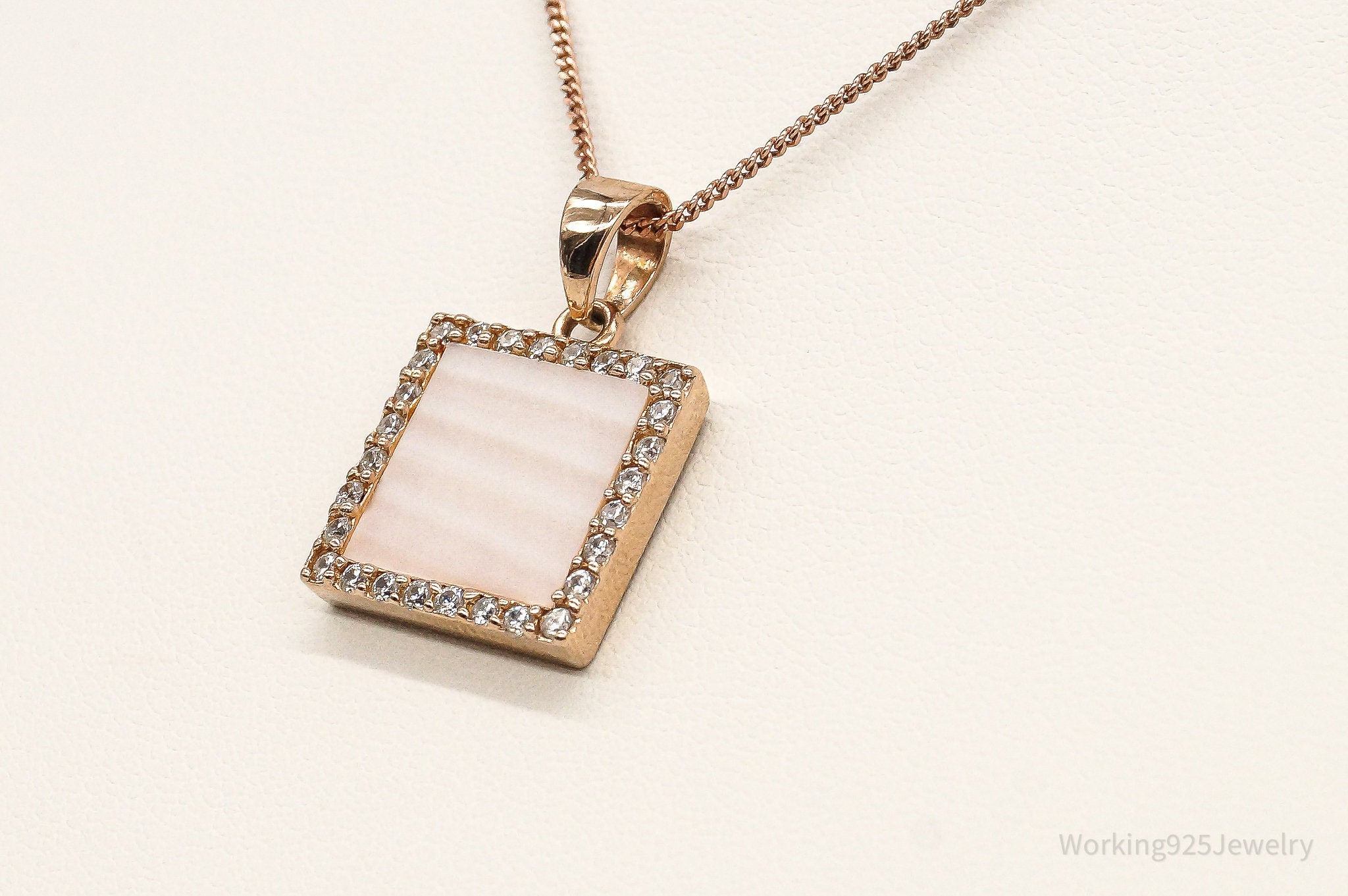 Pink Mother Of Pearl Cubic Zirconia Rose Gold Vermeil Sterling Silver Necklace