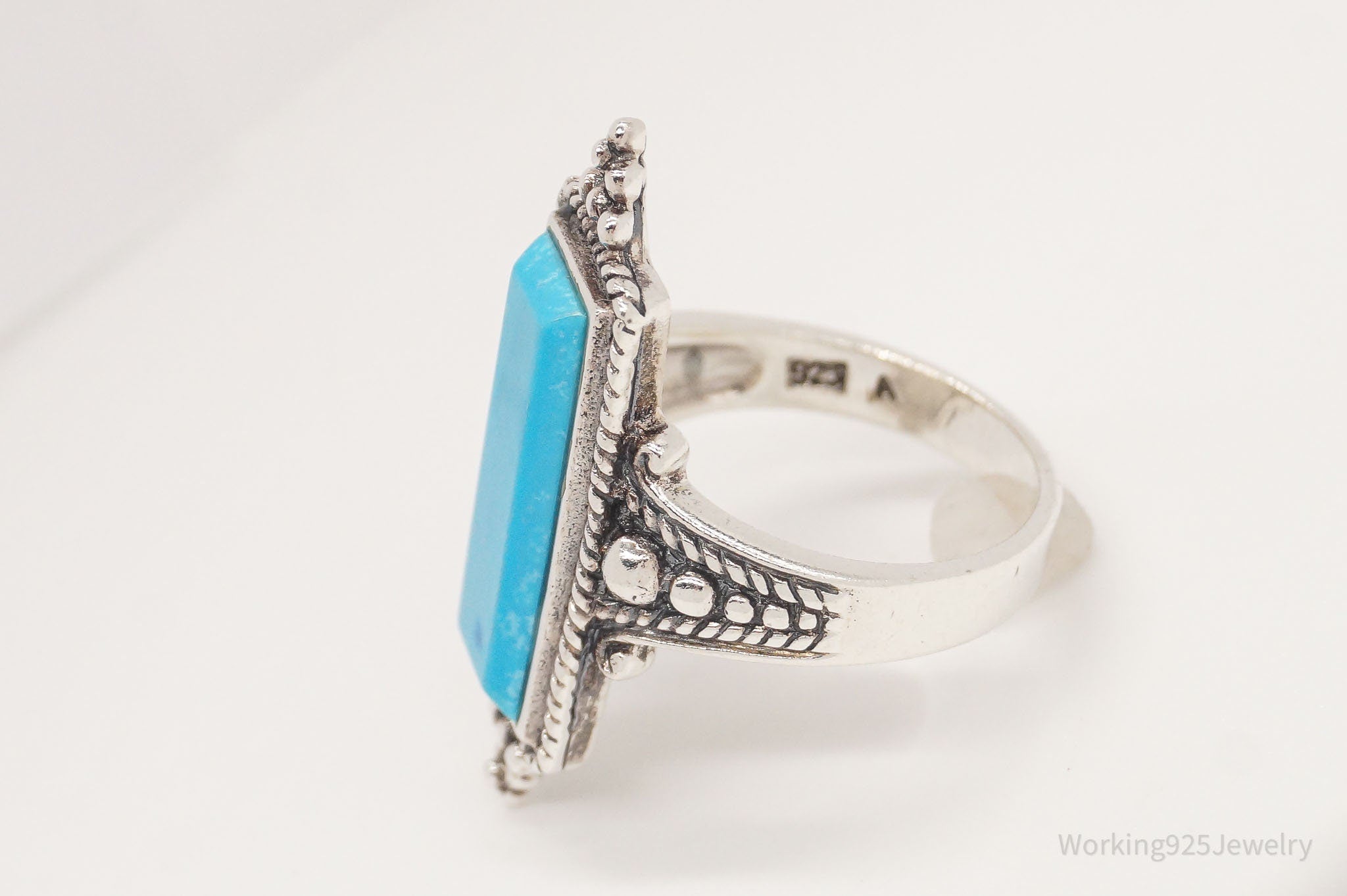 Vintage Bali Style Blue Turquoise Filigree Sterling Silver Ring - Size 6.75