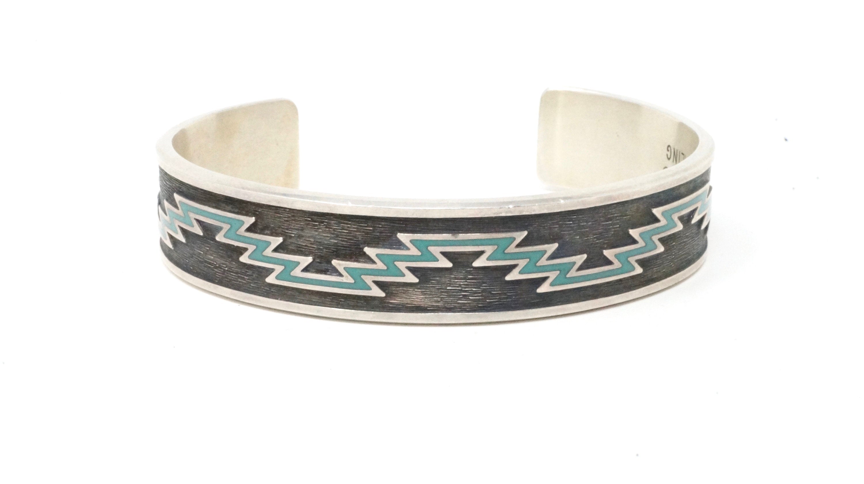 Vintage Designer KABANA Southwest Turquoise Inlay Sterling Silver Cuff Bracelet