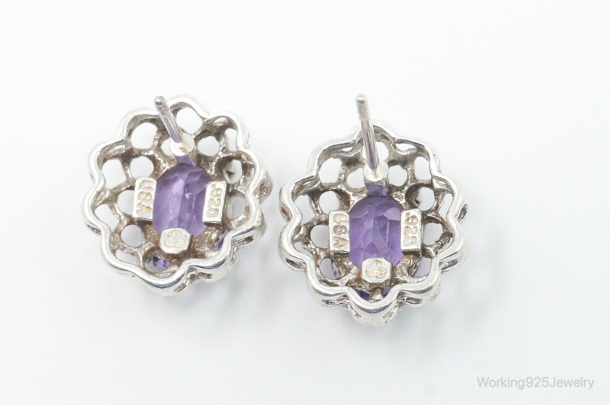 Vintage Amethyst Flower Sterling Silver Earrings