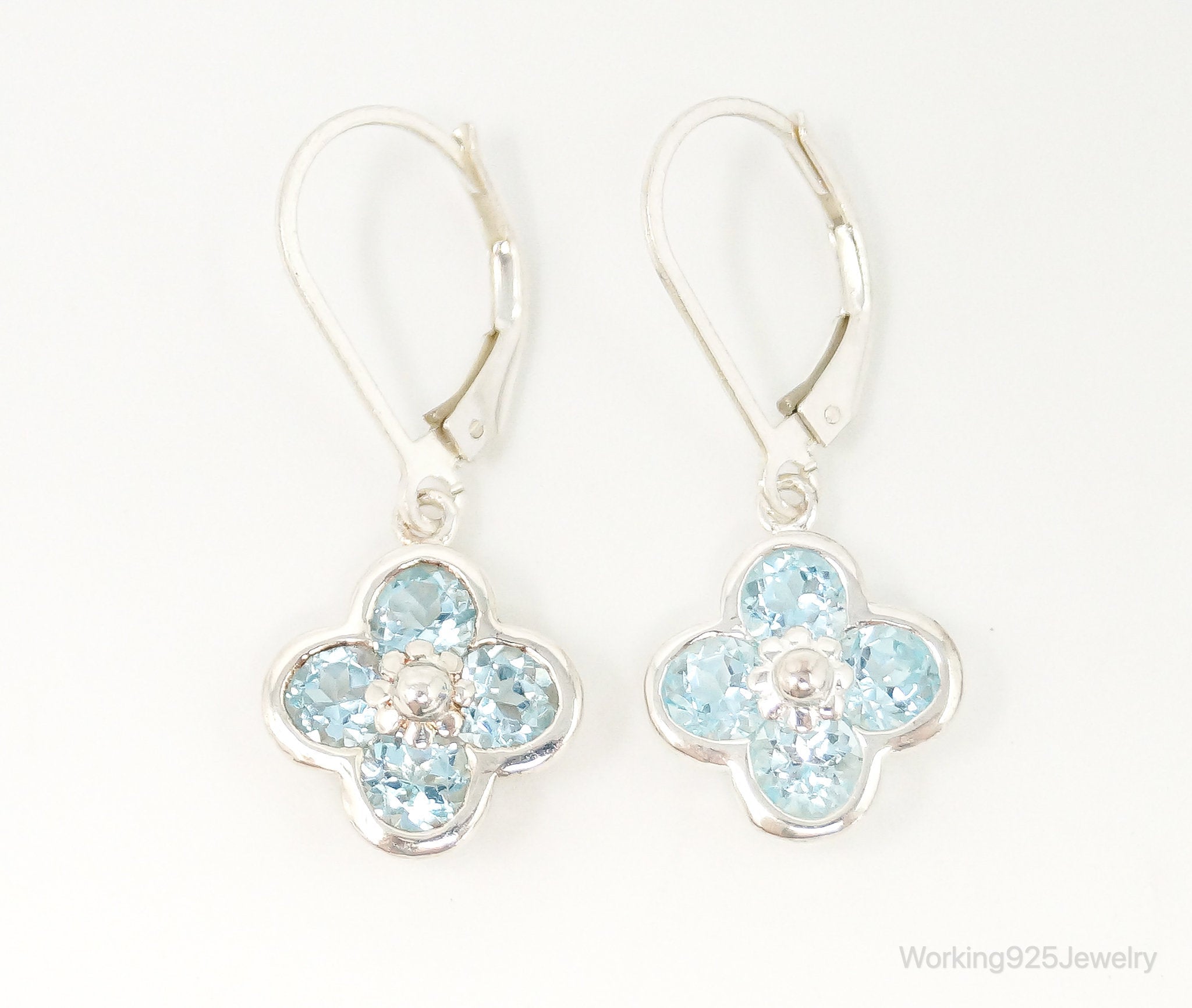 Designer Blue Topaz Flowers Sterling Silver Earrings