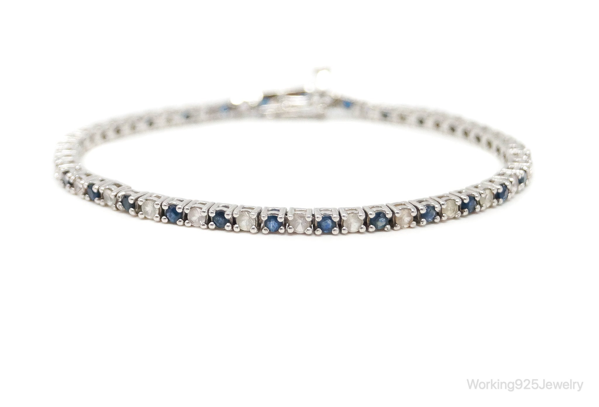 Vintage Art Deco Blue Sapphire Cubic Zirconia Sterling Silver Tennis Bracelet