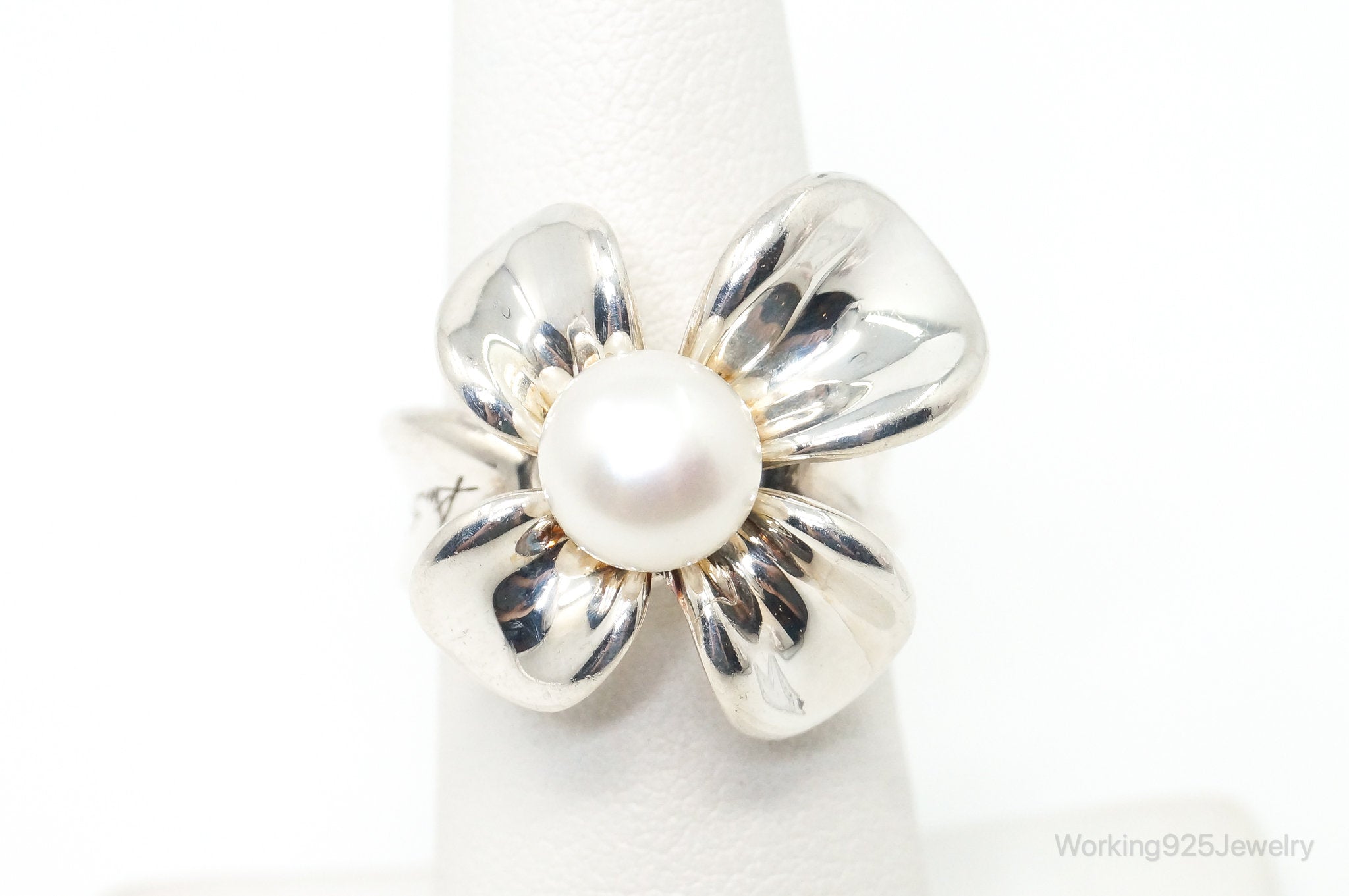 Vintage Designer Ann King Flower Pearl Sterling Silver Ring Size 6