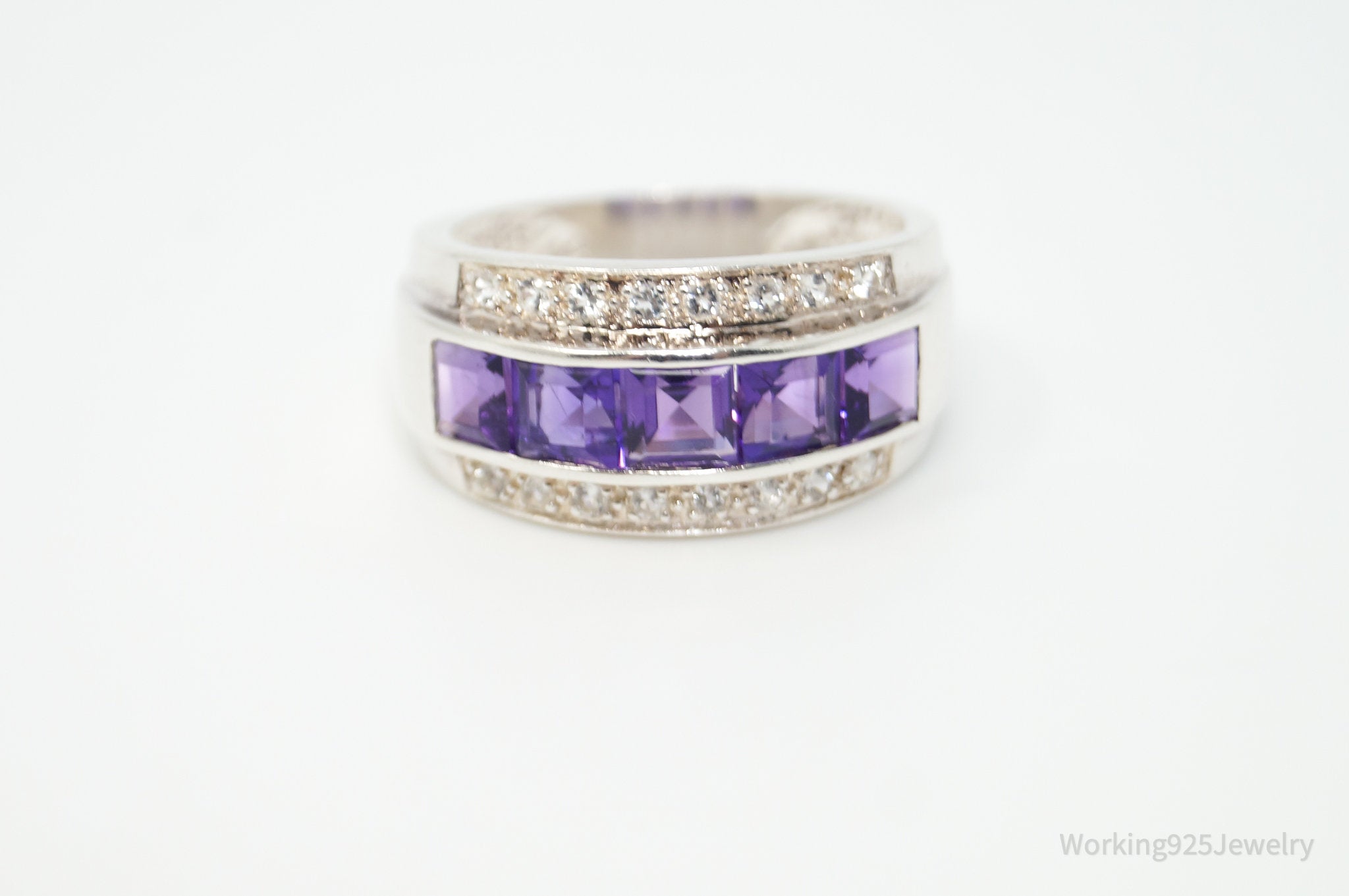 Vintage Art Deco Amethyst Cubic Zirconia Sterling Silver Ring - Sz 6.75