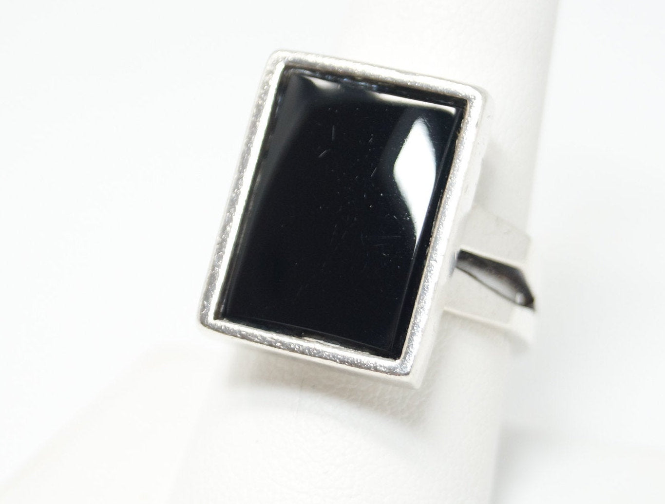 Long Vintage Art Deco Style Black Onyx Sterling Silver Ring - Sz 8.75