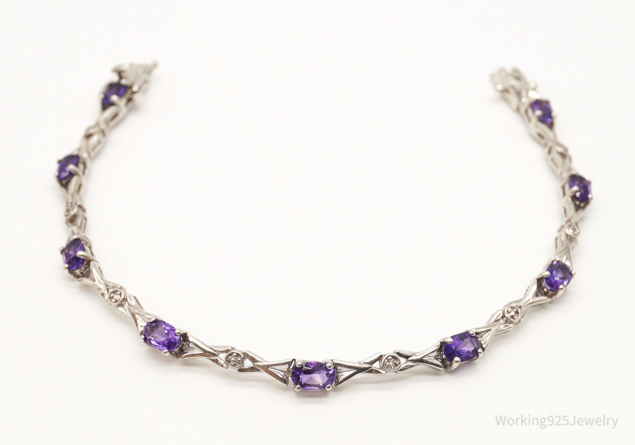 Vintage Amethyst Two Diamonds Sterling Silver Bracelet