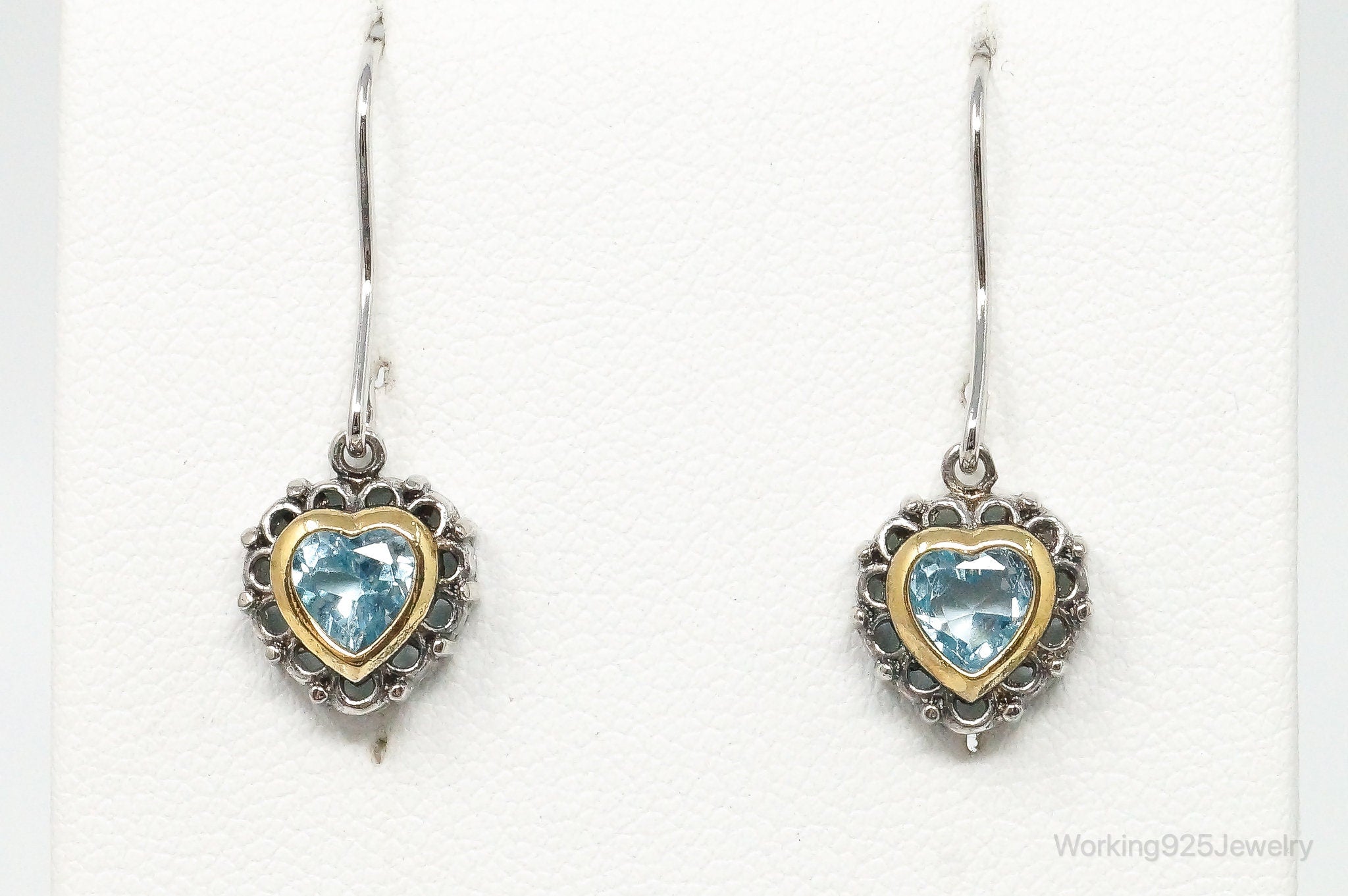 Vintage Blue Topaz Heart Art Deco Sterling Silver Earrings