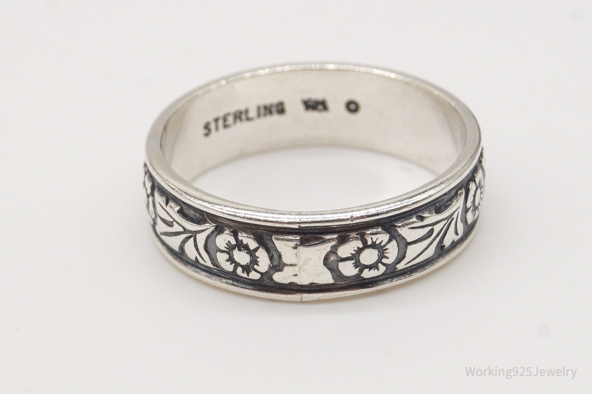 Vintage Designer WMCO Flowers Pattern Sterling Silver Band Ring - Size 7.75