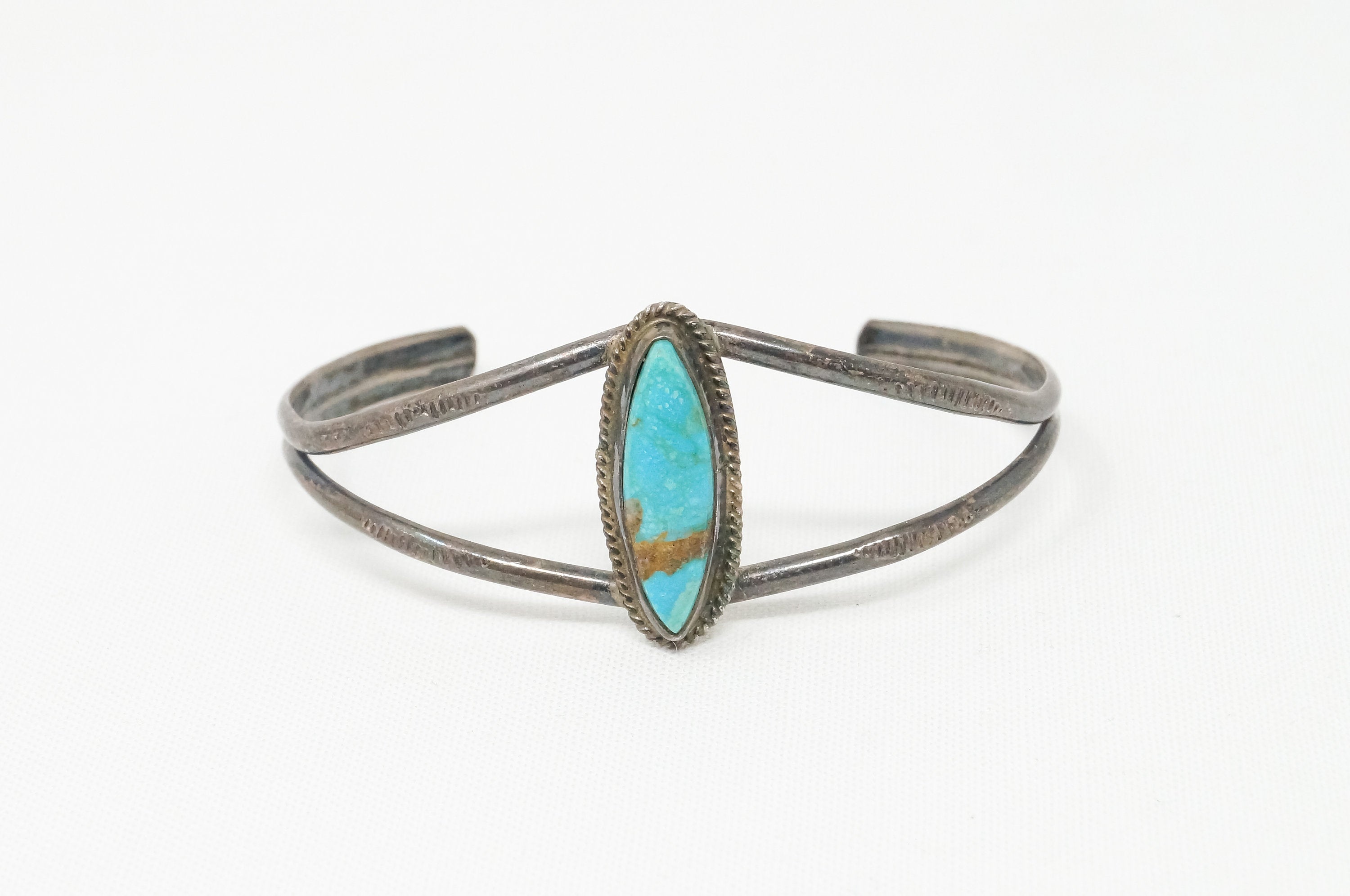 Vintage Handmade Turquoise Native Southwestern Stamp Sterling Cuff Bracelet