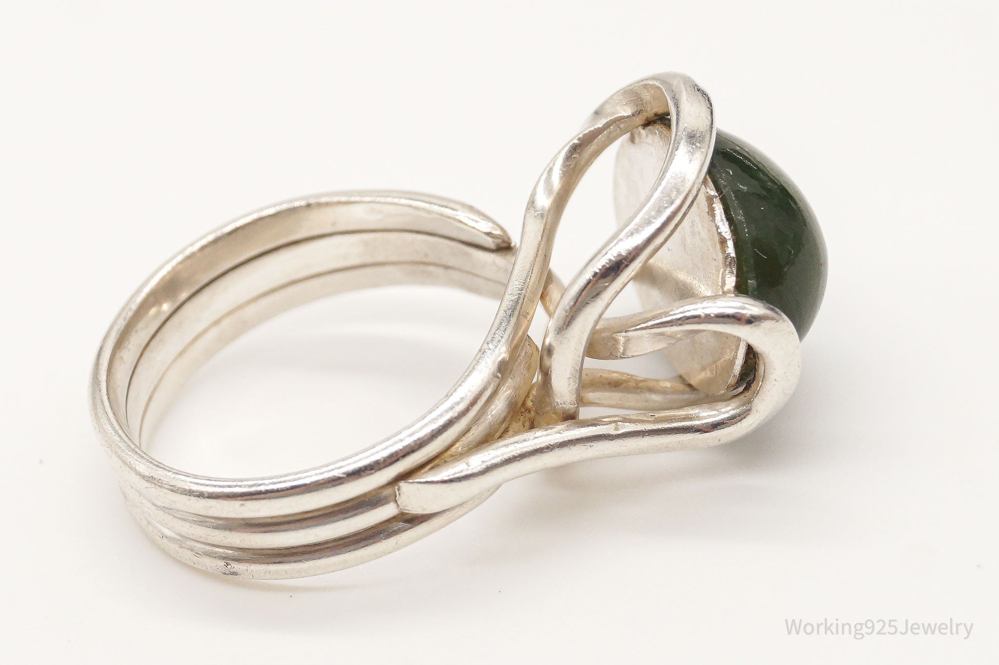 Vintage Green Emerald Modernist Silver Ring - Size 6.75