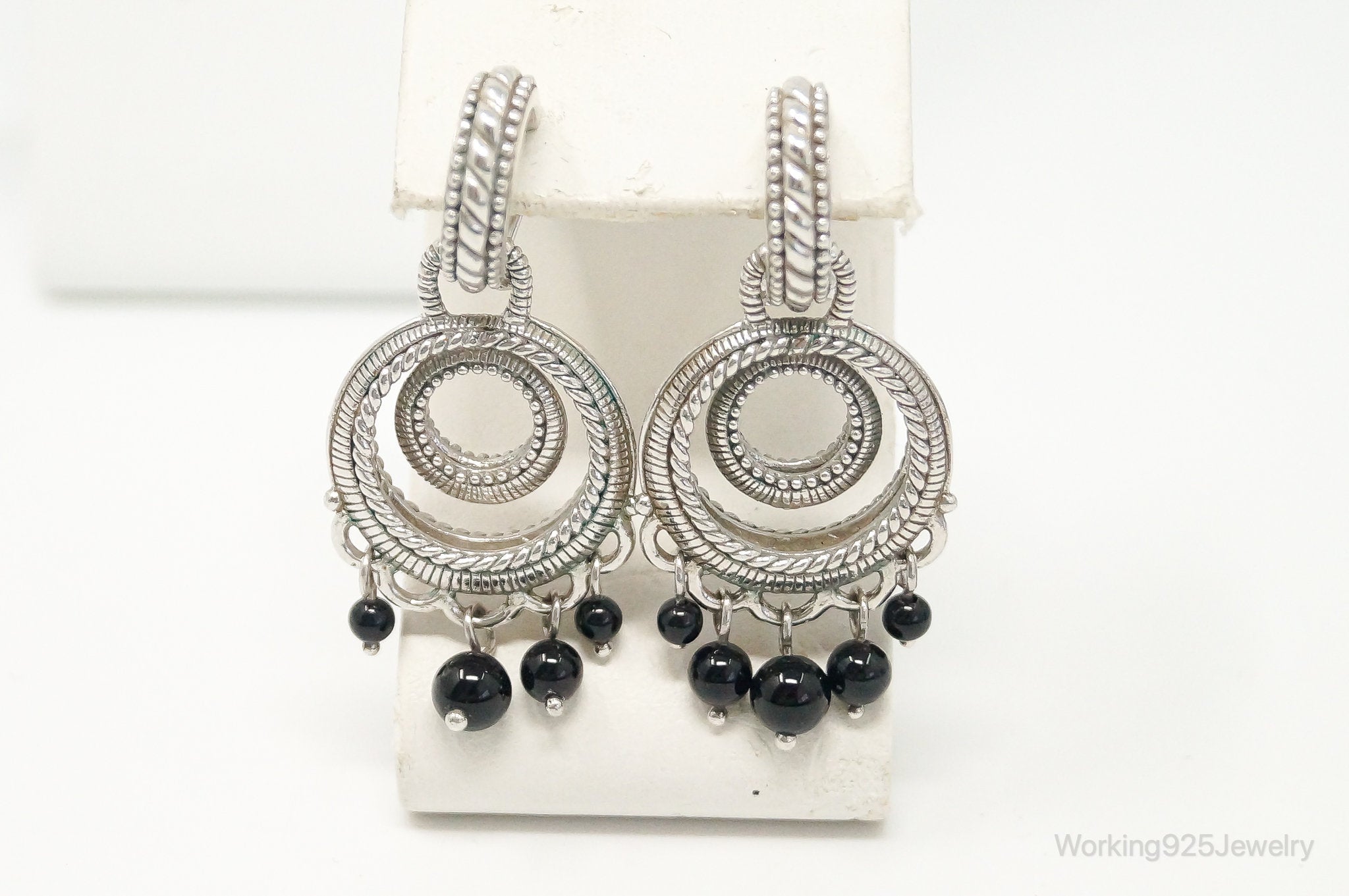 Designer Judith Ripka Black Onyx Cable Sterling Silver Earrings