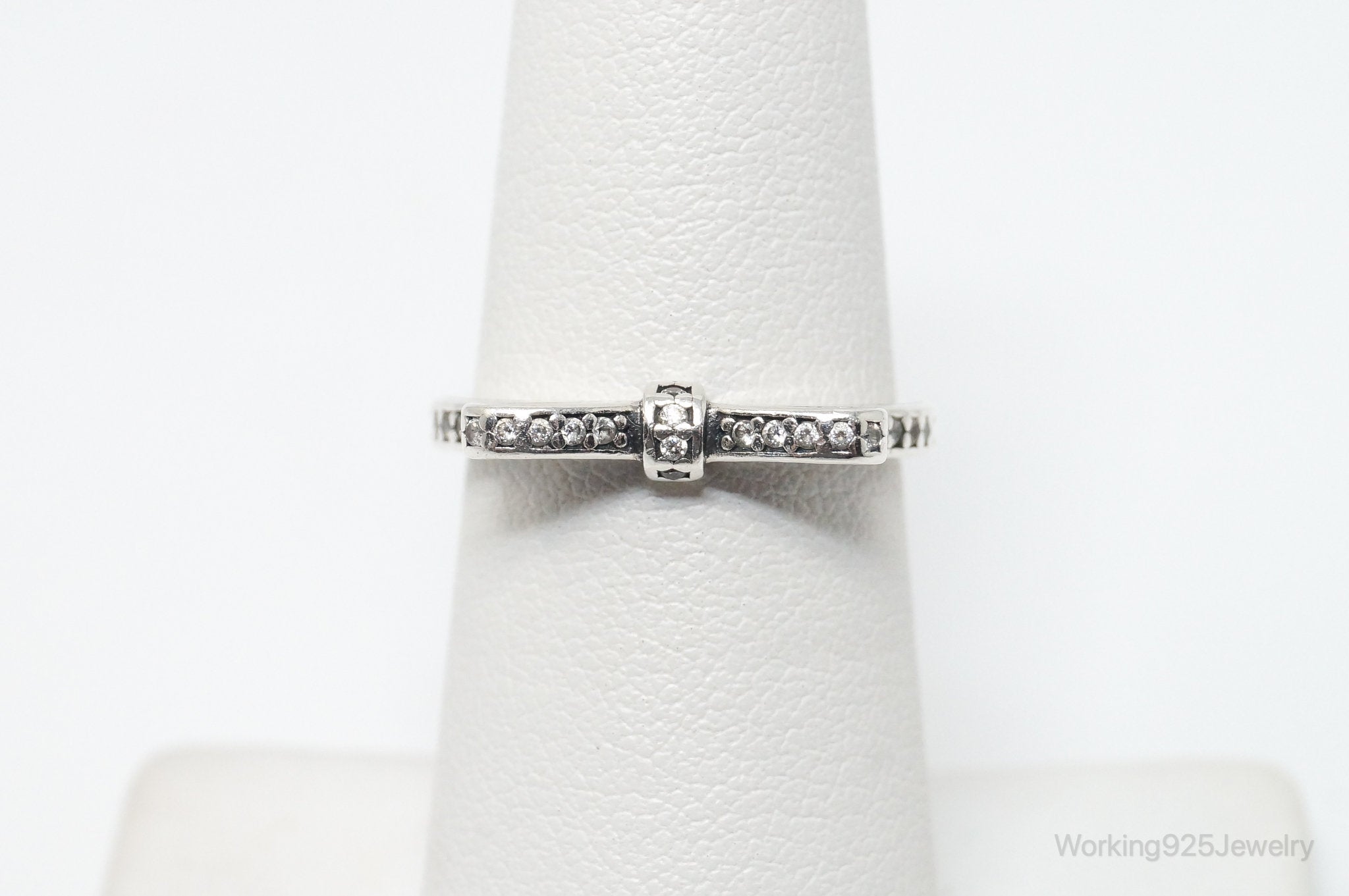 Vintage Designer Pandora Sparkling Bow CZ Sterling Silver Ring - Size 6