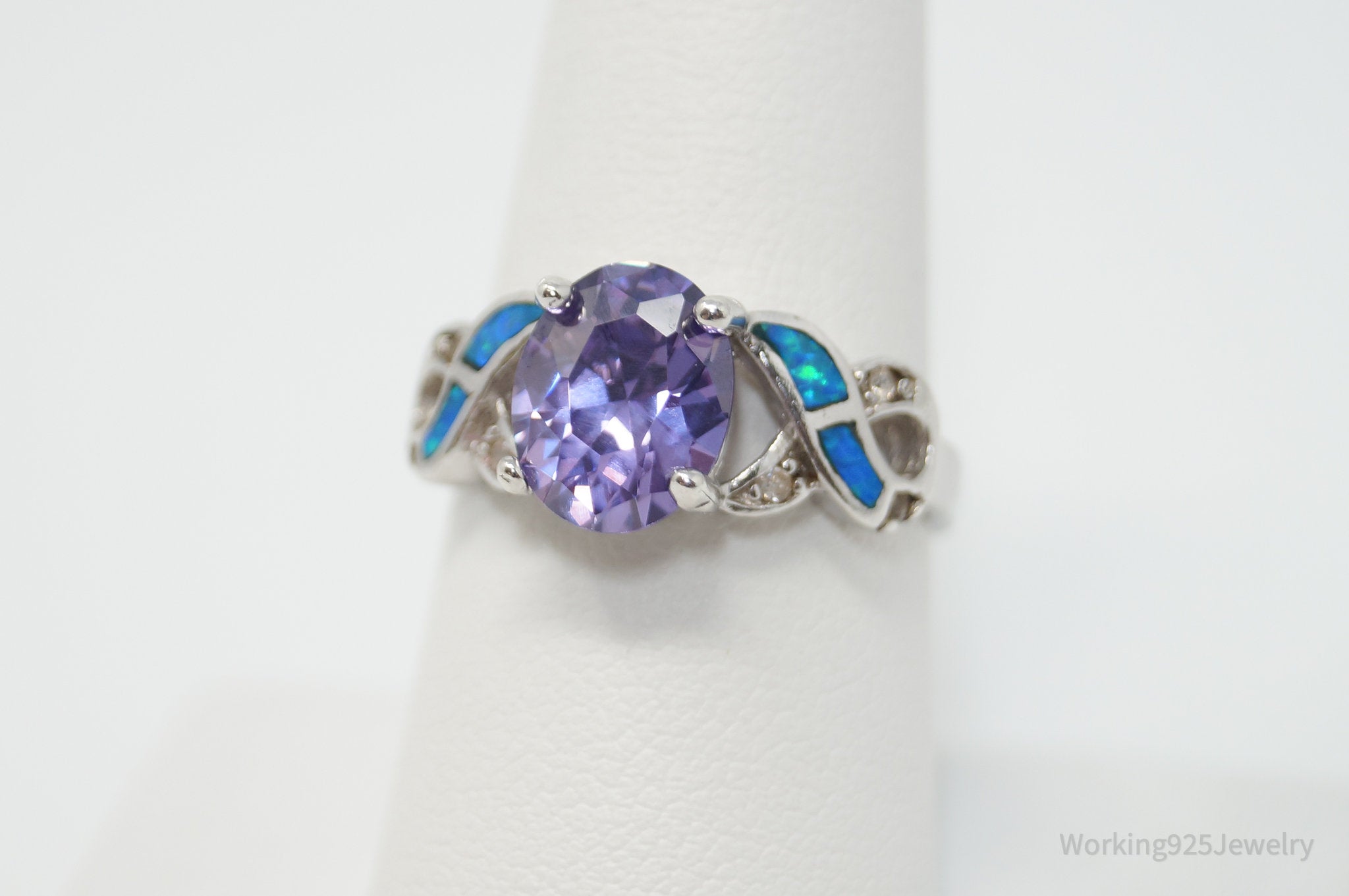 Vintage Designer Amethyst CZ Opal Sterling Silver Ring - Sz 8