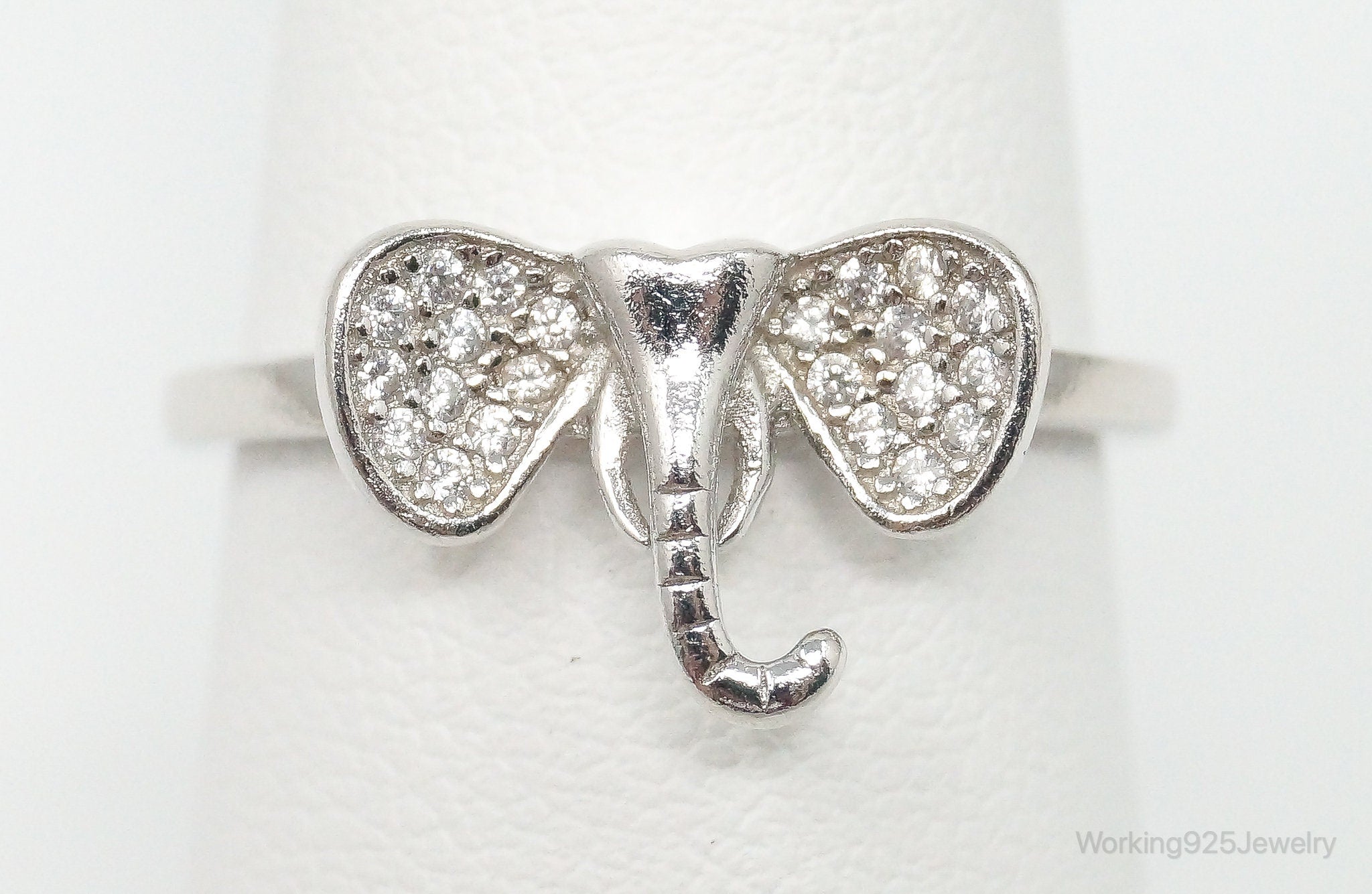 Vintage Elephant Head Cubic Zirconia Sterling Silver Ring - Size 7