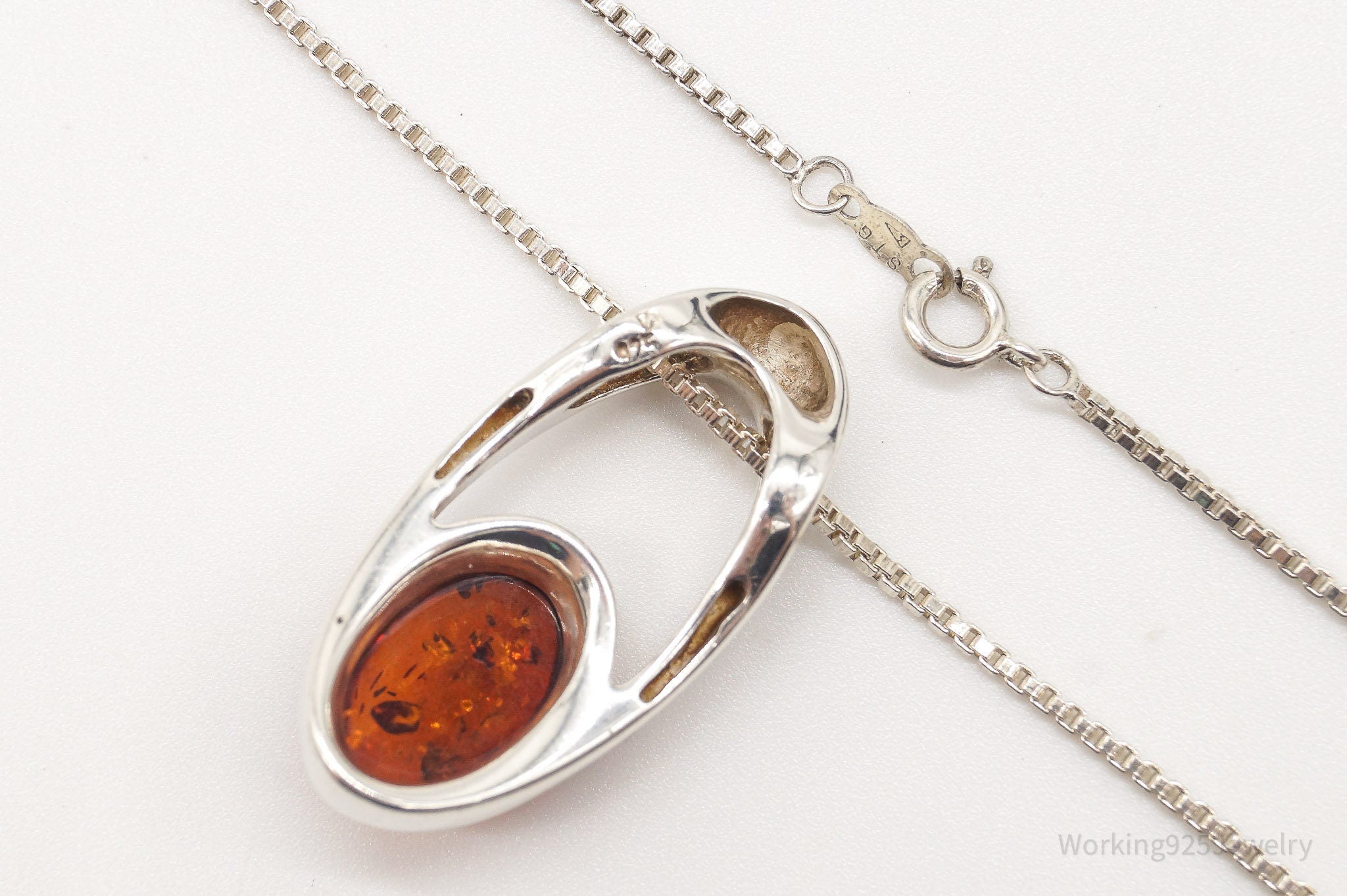 Vintage Amber Modernist Sterling Silver Chain Necklace