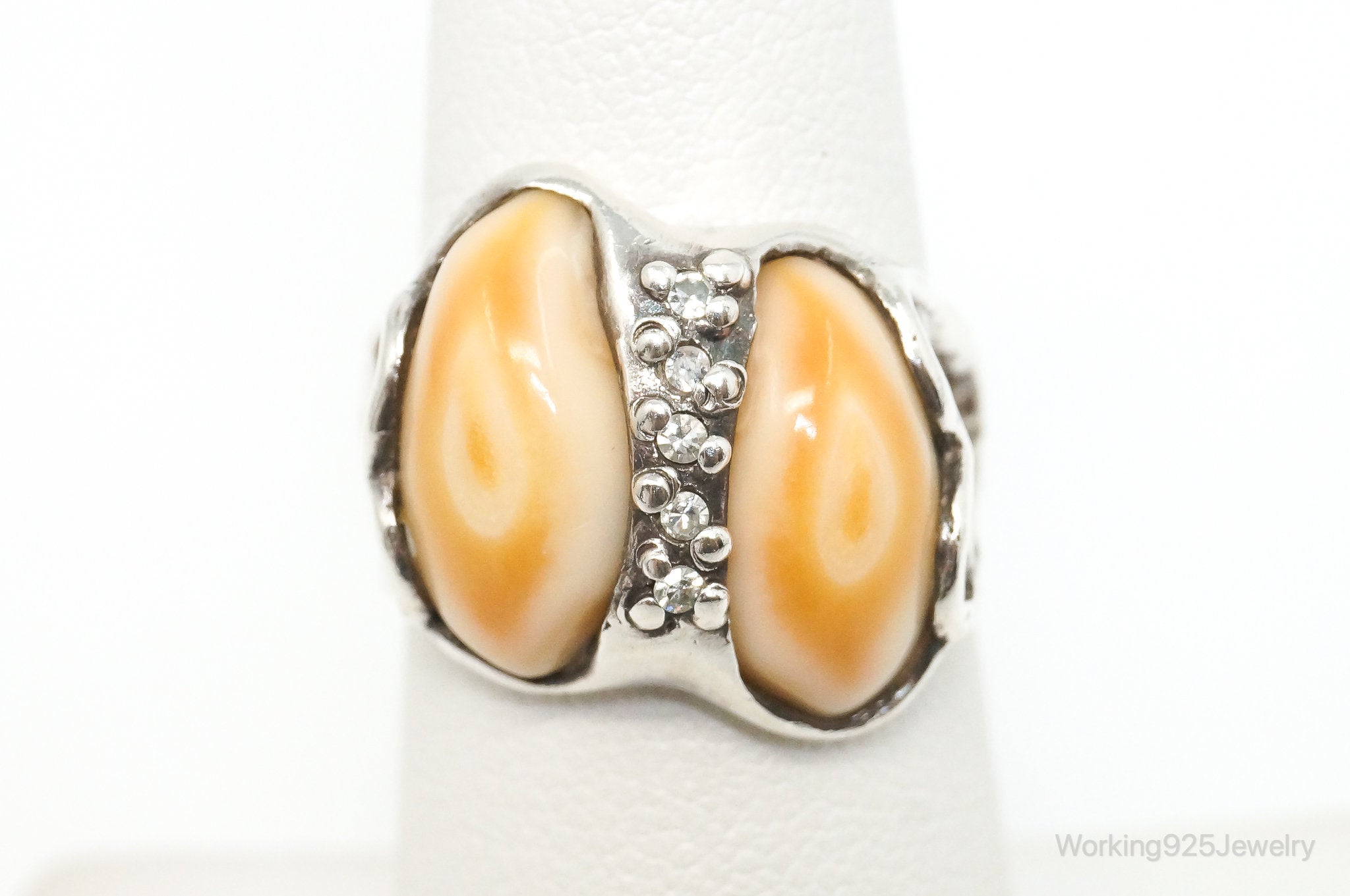 Vintage Creamy Shell Cubic Zirconia Sterling Silver Ring - SZ 6