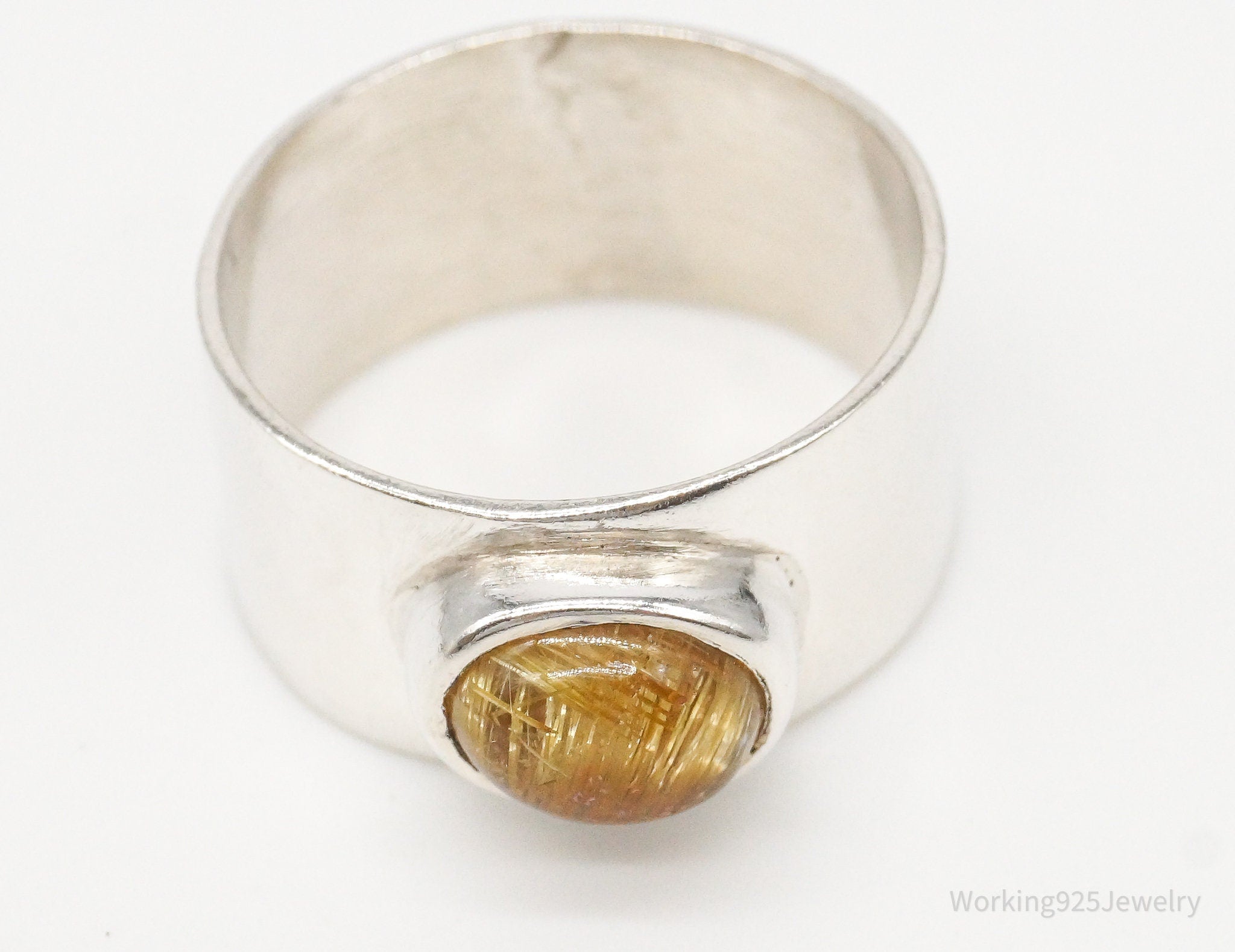 Vintage Golden Rutilated Quartz Silver Ring - Size 7.75