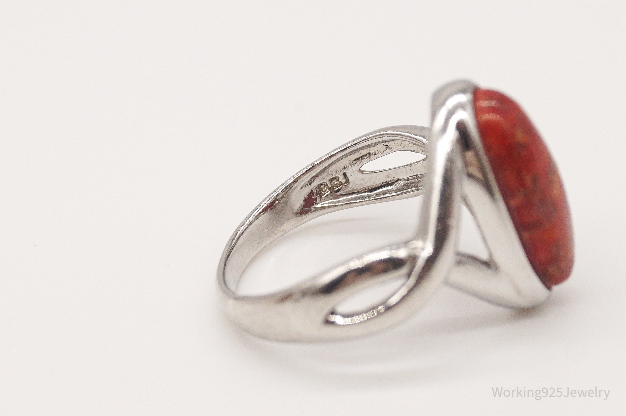 Designer BBJ Red Coral Sterling Silver Ring - Size 8.25