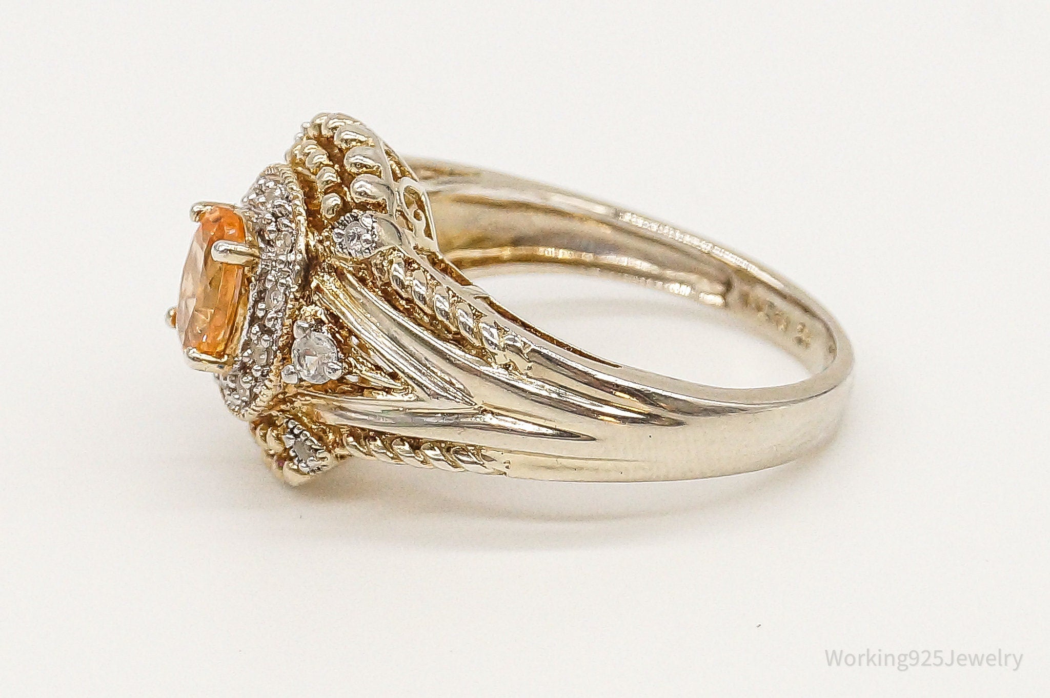 Designer Orange Topaz Cubic Zirconia Gold Vermeil Sterling Silver Ring - Size 7