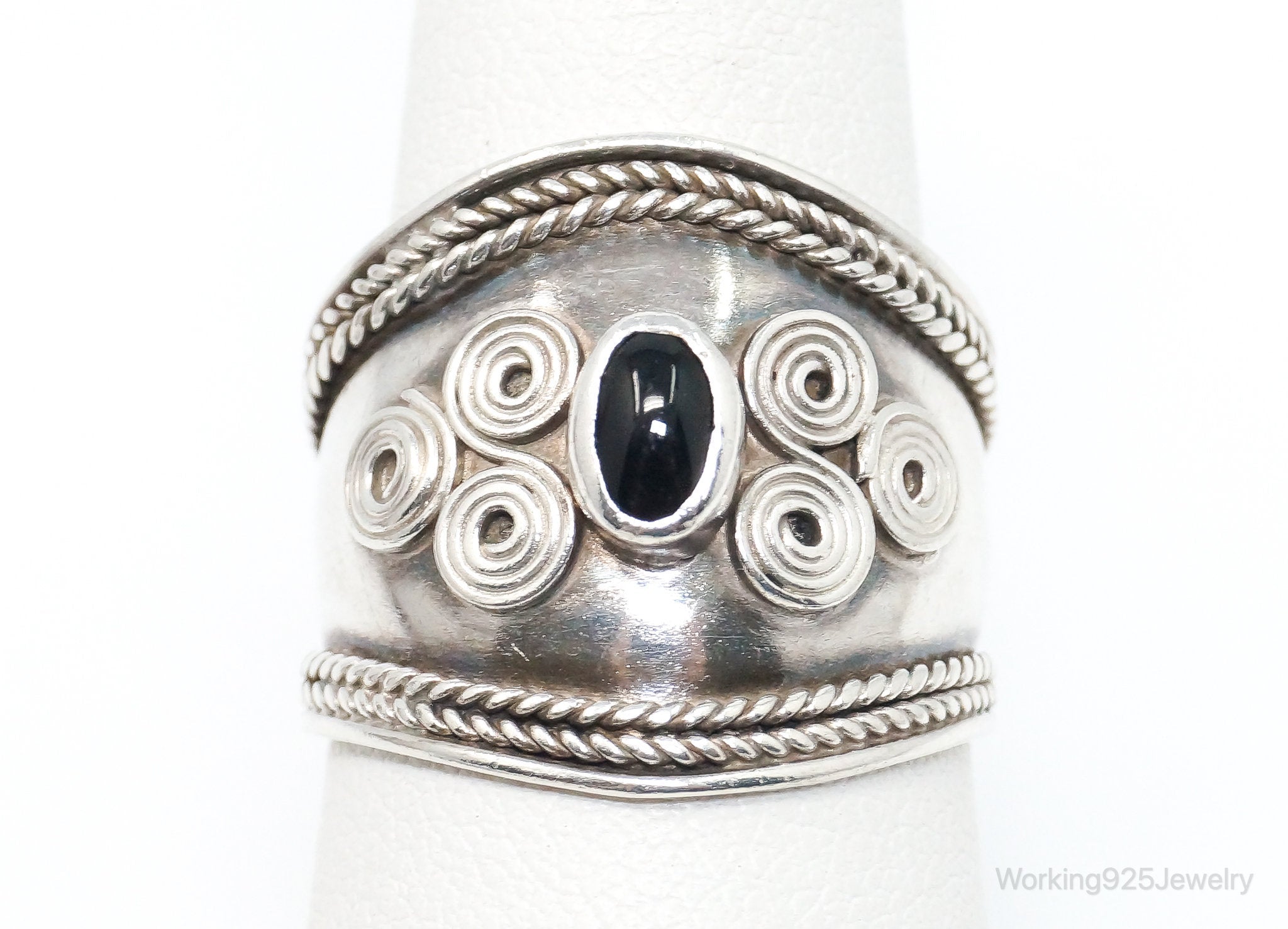 Vintage Bali Style Black Onyx Sterling Silver Ring - Size 8.25