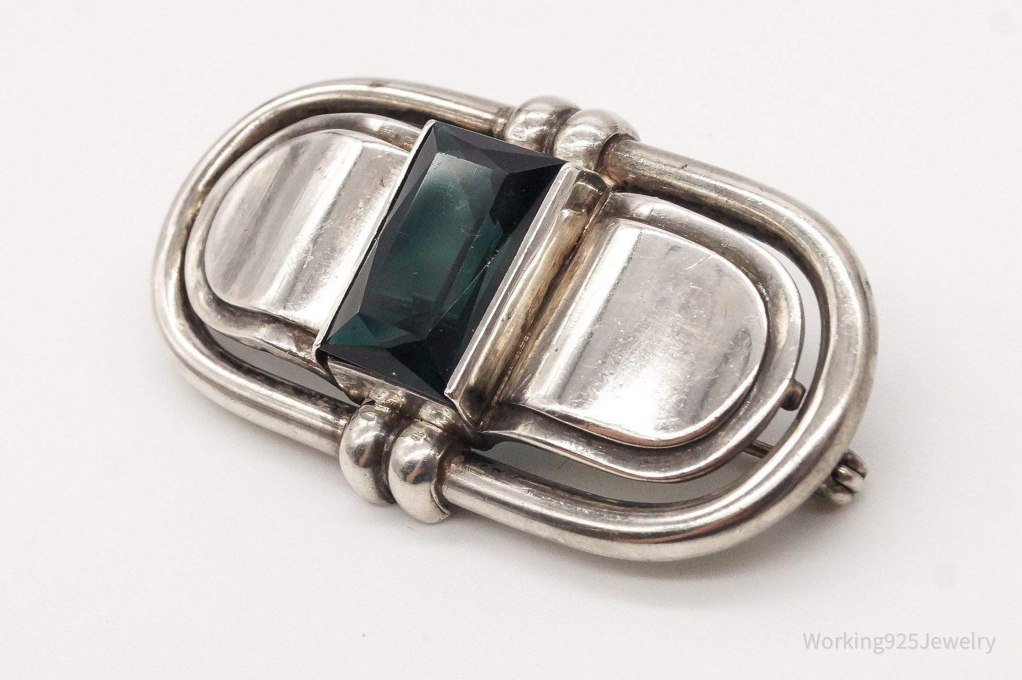 Vintage Green Stone Modernist Sterling Silver Brooch Pin