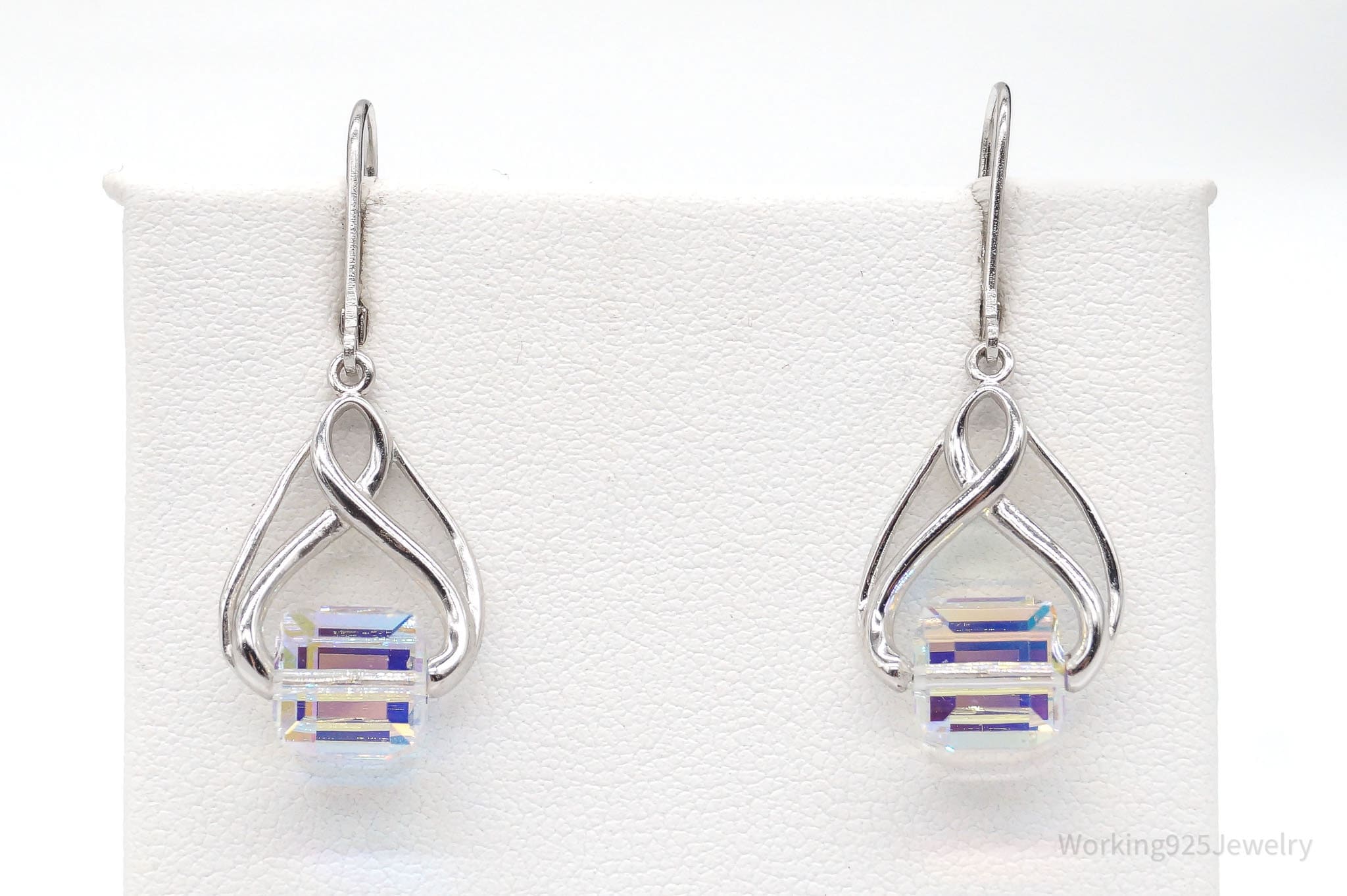 Vintage Designer FD Crystal Cube Prism Drop Dangle Sterling Silver Earrings