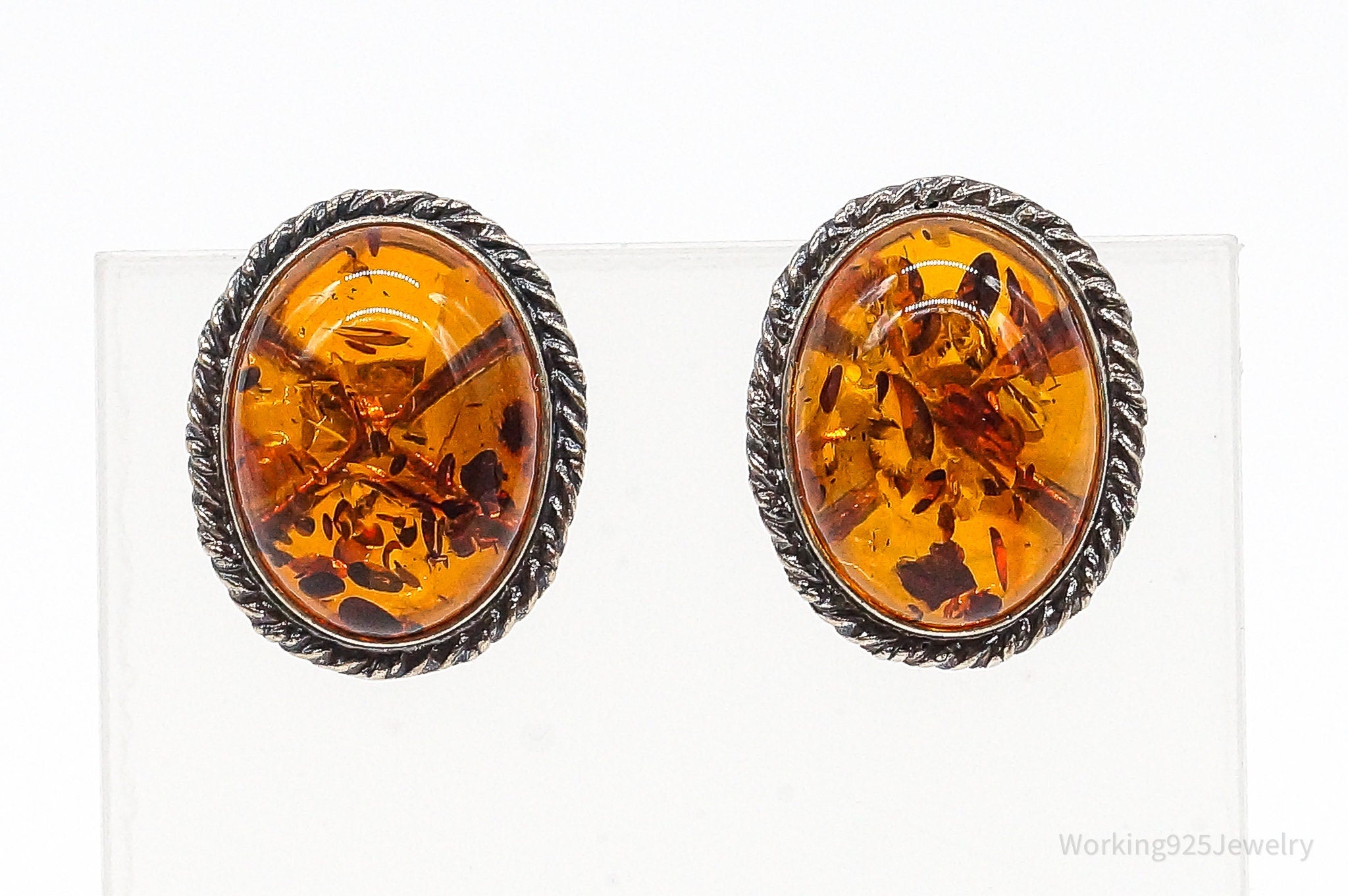 Vintage Amber Modernist Sterling Silver Earrings