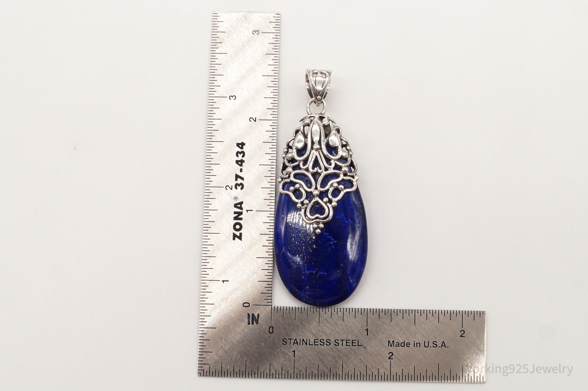 Large India Designer Doug Paulus Lapis Lazuli Ornate Sterling Silver Pendant