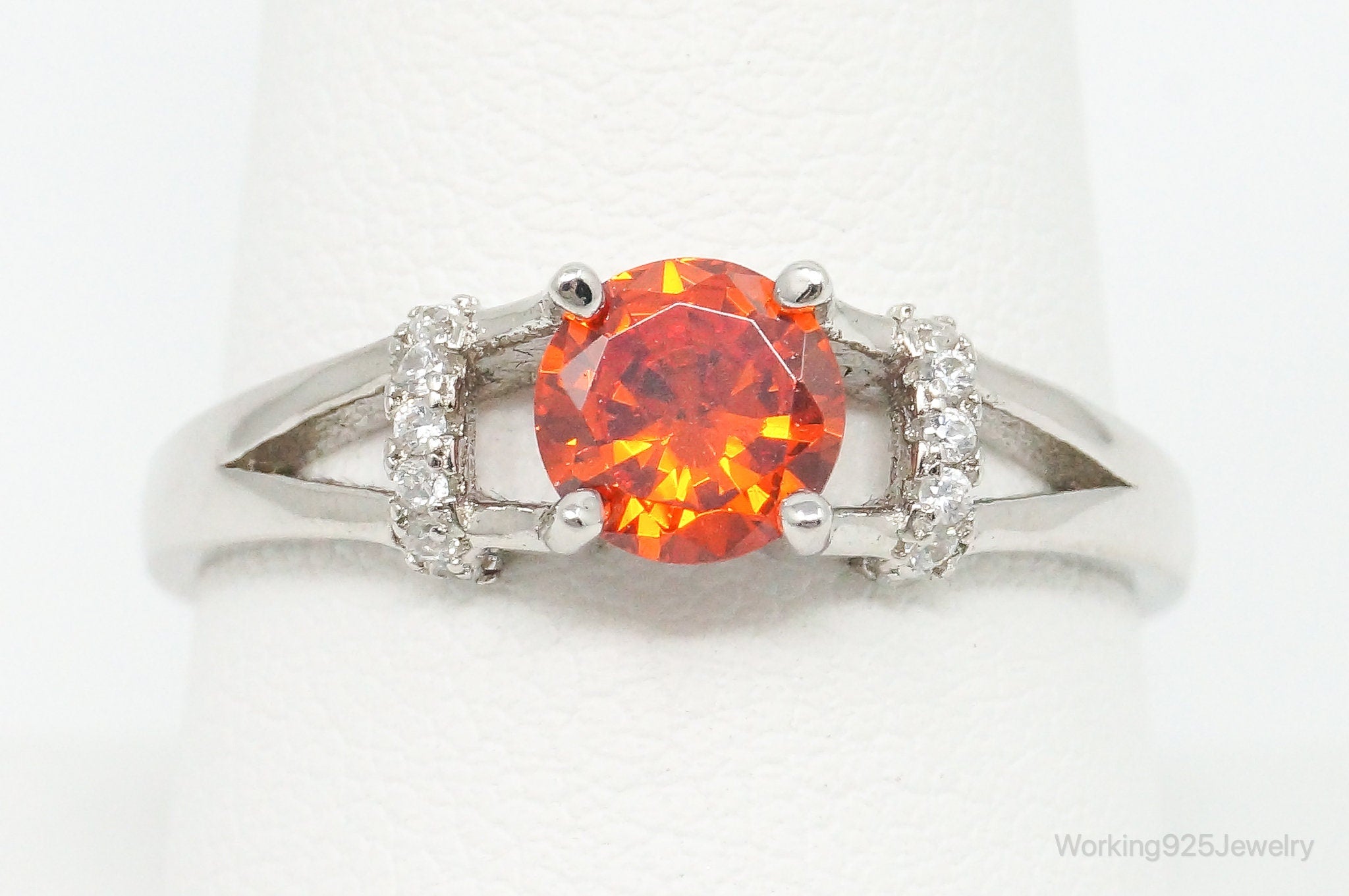 Orange & White Cubic Zirconia Sterling Silver Ring - Size 9.5