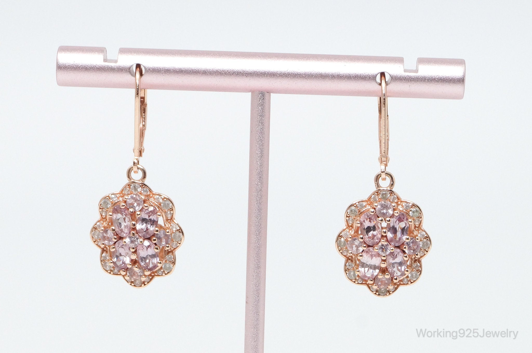 Designer DK CZ Pink Topaz Rose Gold Vermeil Sterling Silver Earrings