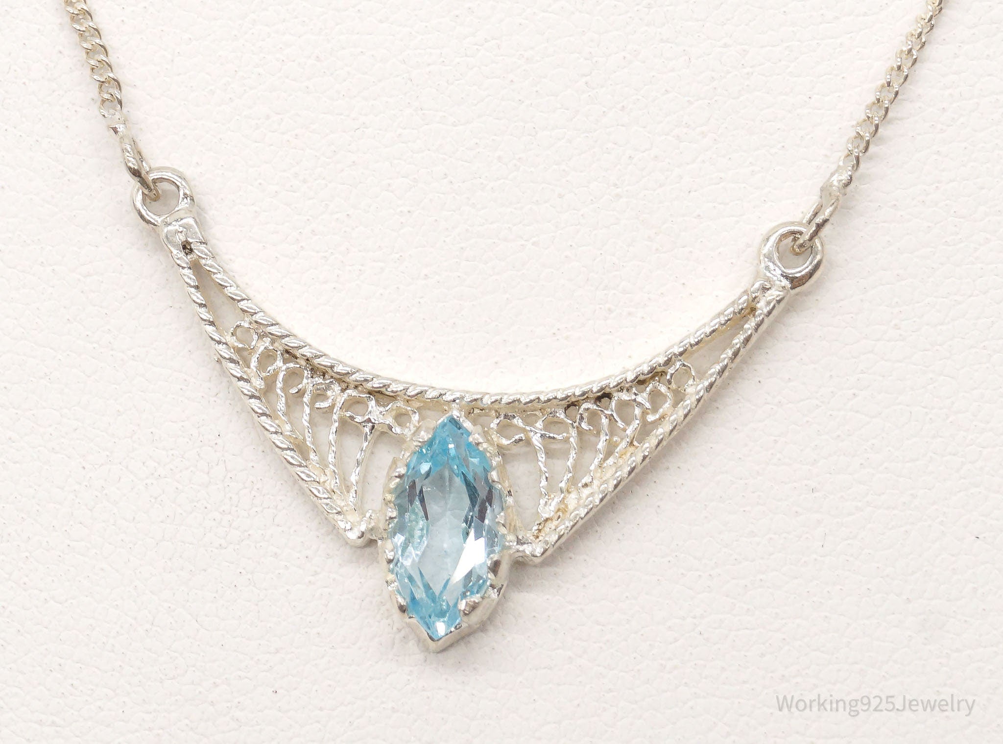 Vintage Blue Topaz Filigree Sterling Silver Chain Necklace