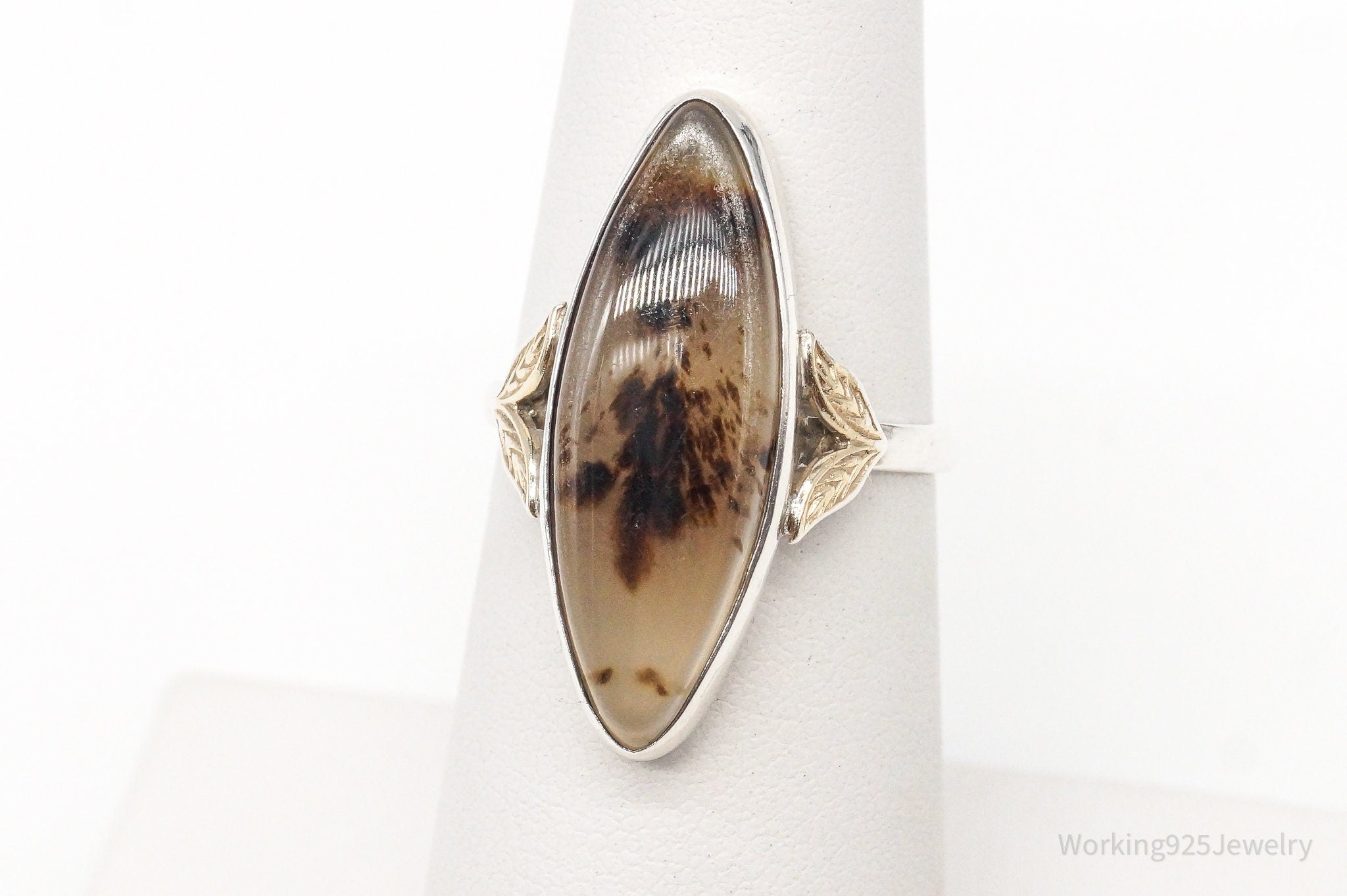 Antique Designer Uncas MFG CO 10K Gold Agate Sterling Silver Ring Size 6