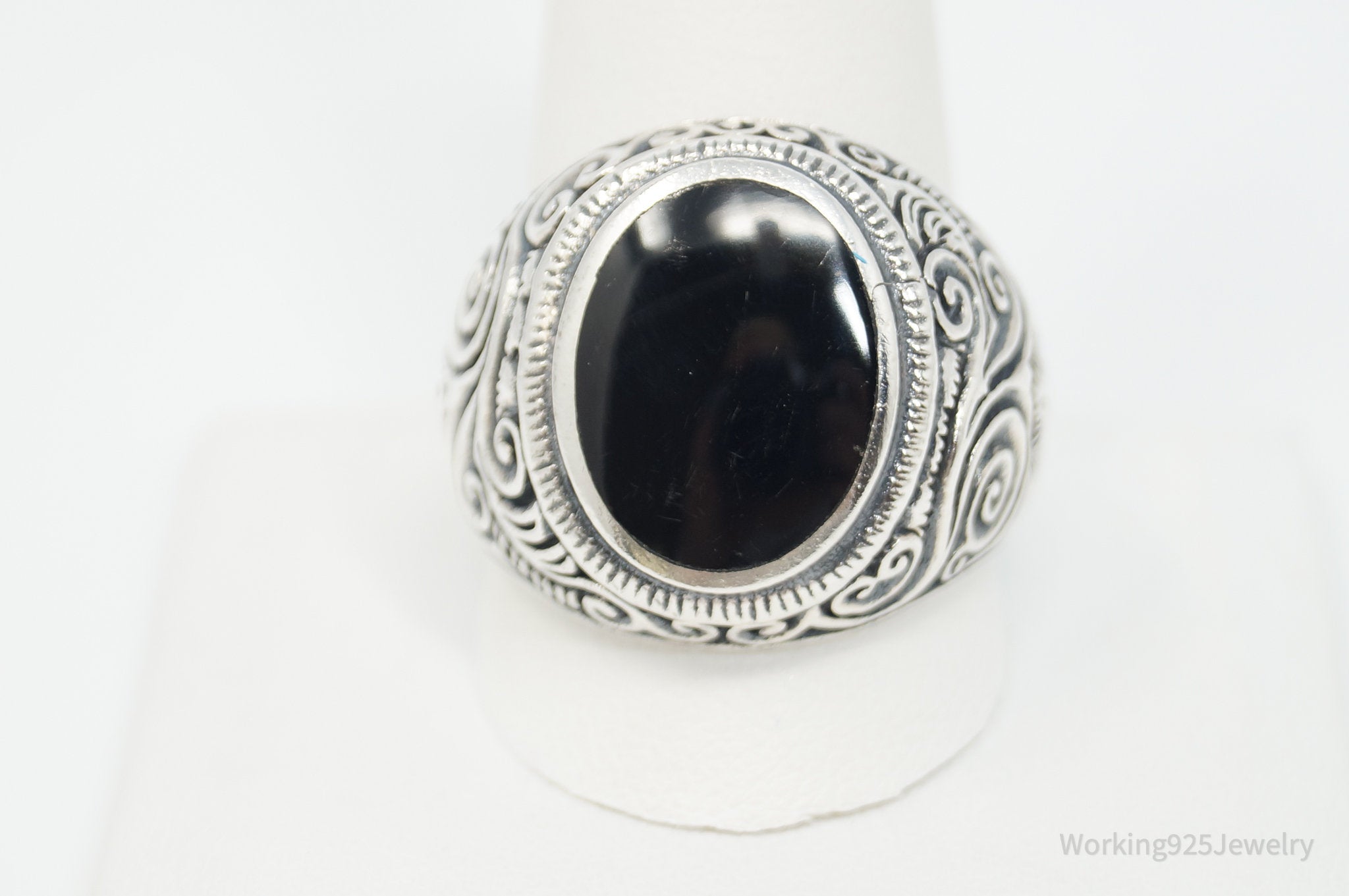 Large Vintage Black Onyx Etched Scroll Sterling Silver Ring - Sz 12