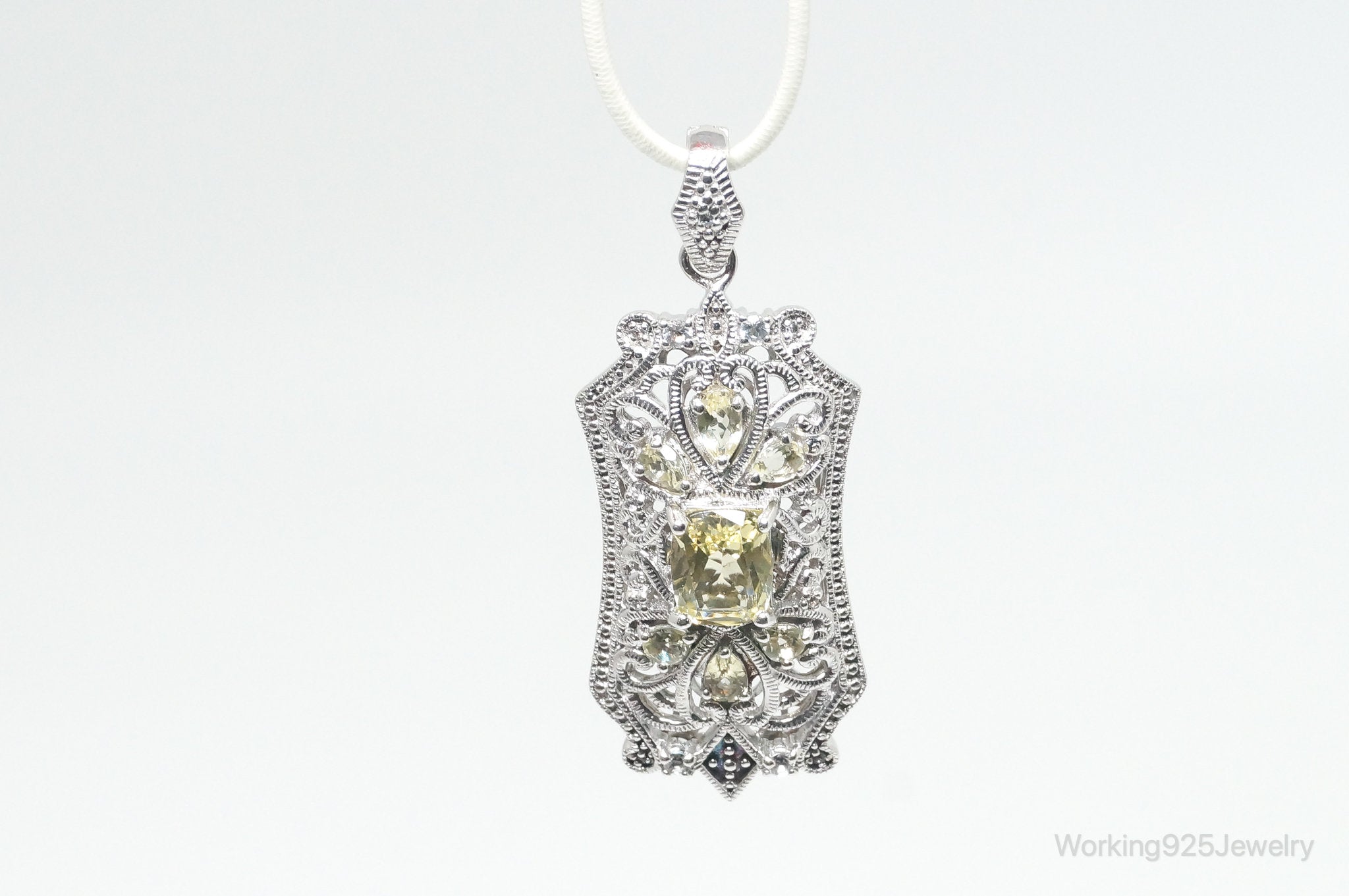 Vintage Art Deco Cubic Zirconia Peridot Sterling Silver Necklace Pendant