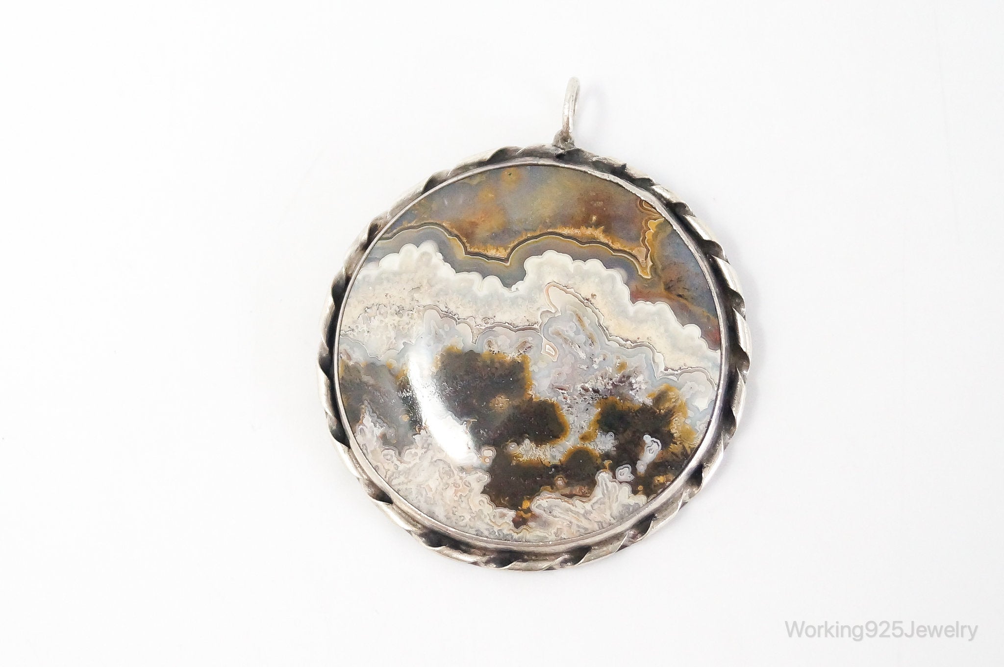 Vintage Large Crazy Lace Agate Sterling Silver Necklace Pendant