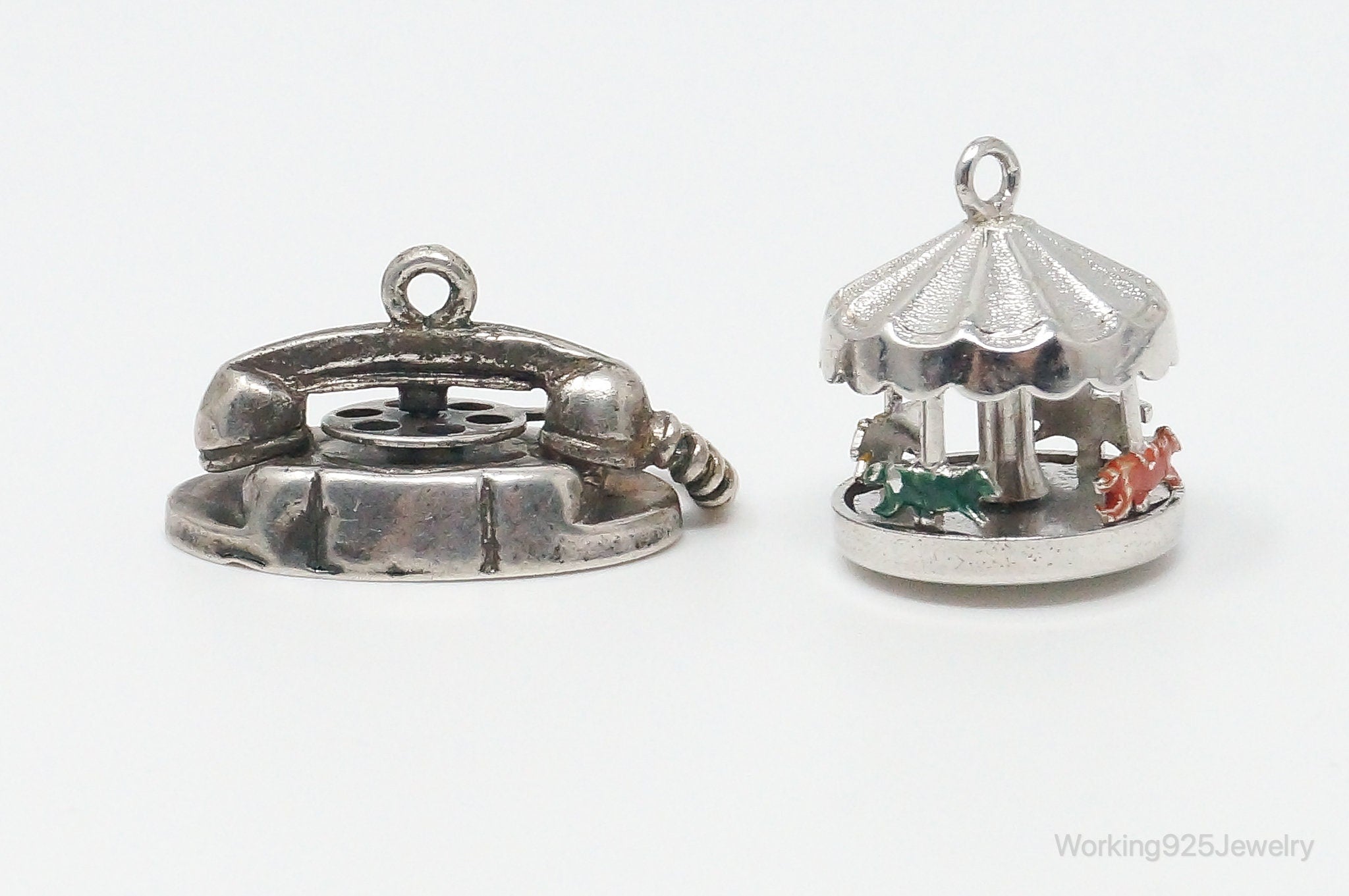 Vintage Antique Merry-Go-Round & Telephone Moving Enamel Sterling Silver Charms