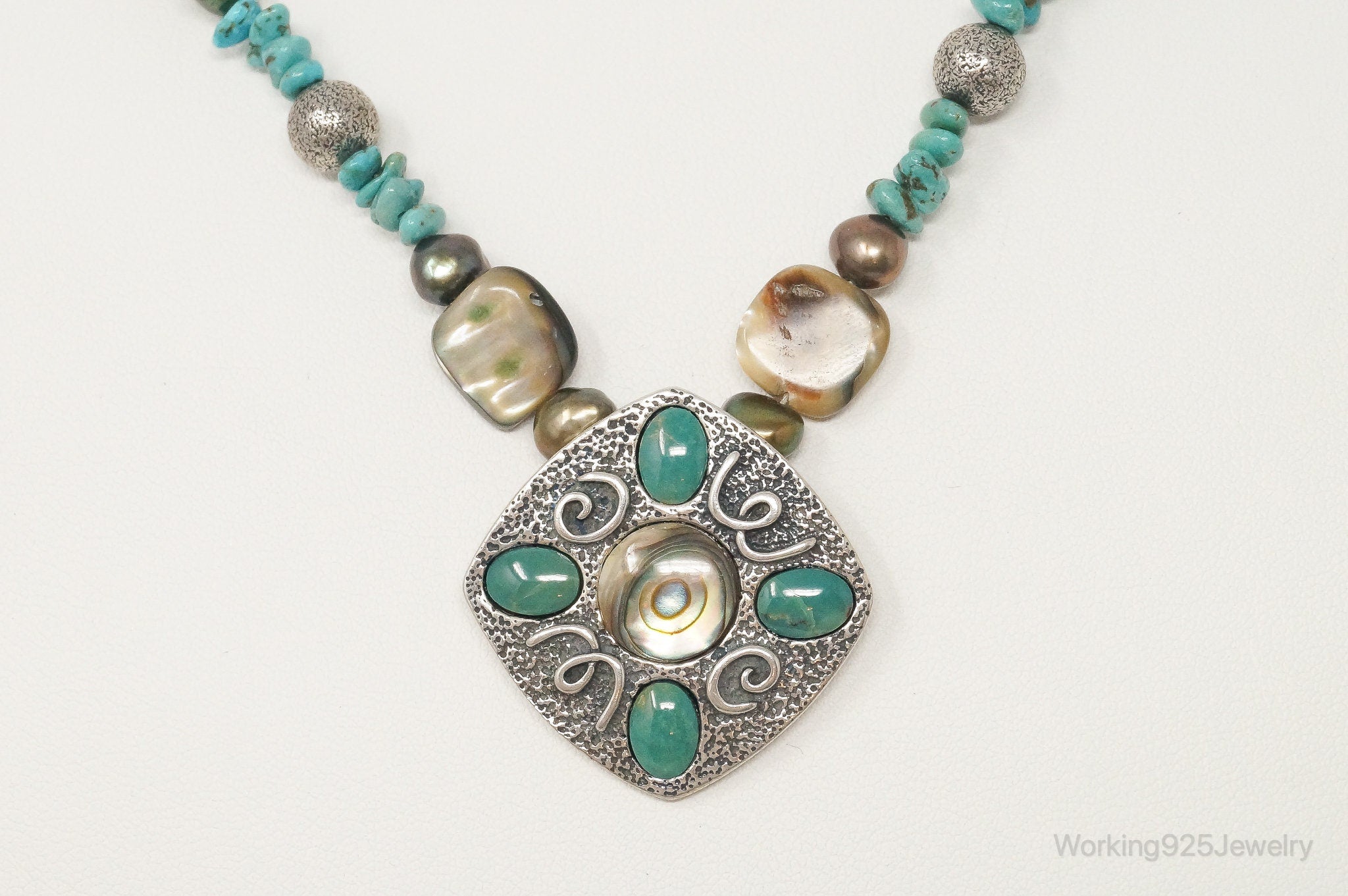 Designer Carolyn Pollack Relios Turquoise Abalone Sterling Silver Necklace