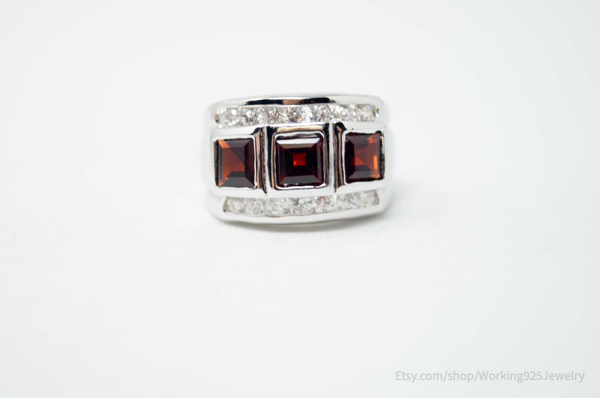 Vintage Art Deco Style Red Garnet CZ Sterling Silver Ring Size 6.75