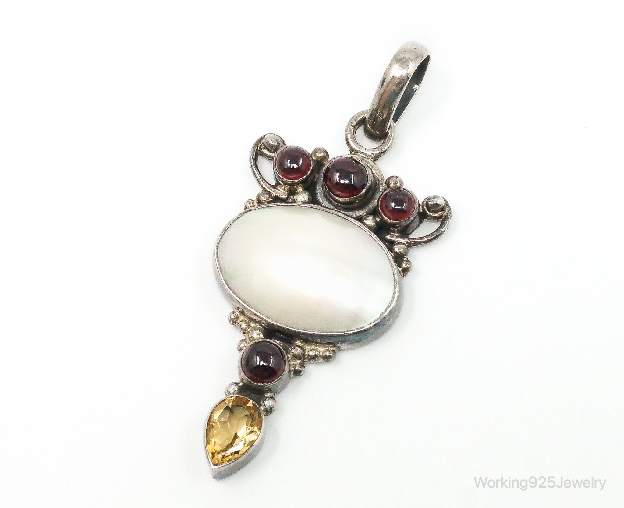 Large Vintage Mothe Of Pearl Citrine Garnet Sterling Silver Pendant