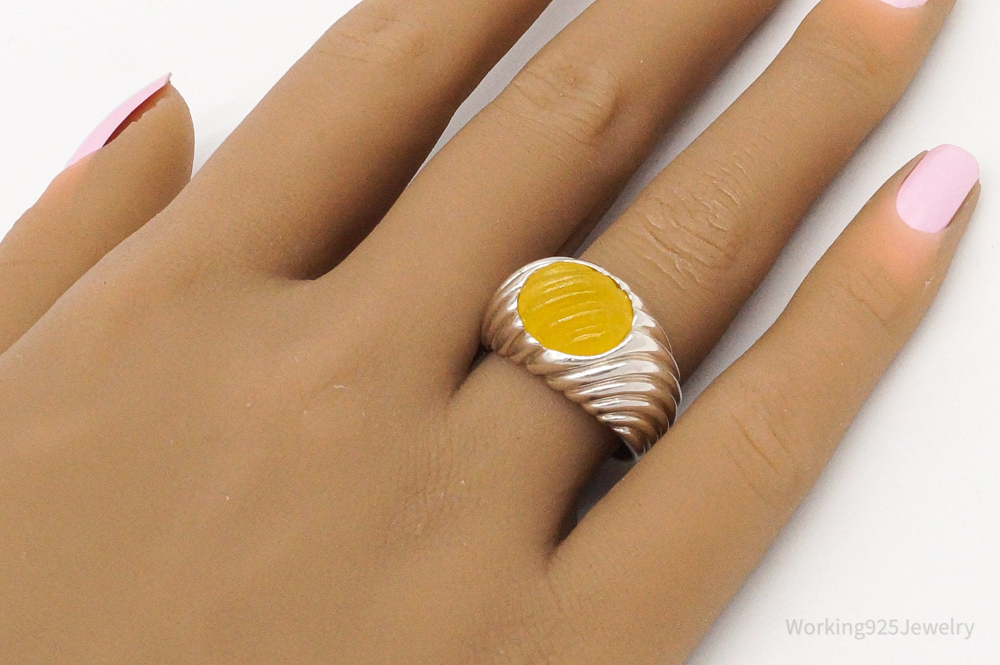 Vintage Designer Ross Simons Yellow Jade Sterling Silver Ring - Size 8