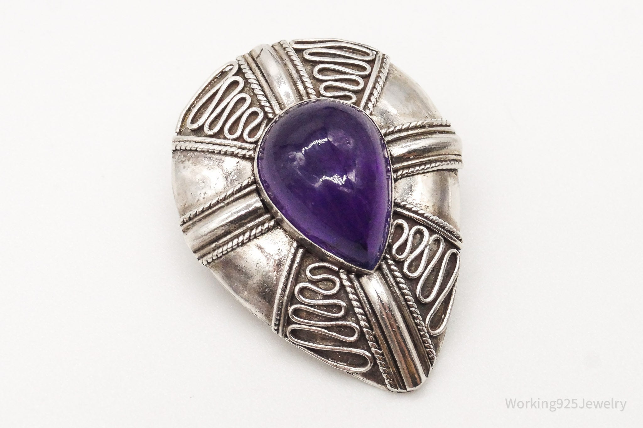 Vintage Amethyst Bali Sterling Silver Brooch Pin Pendant