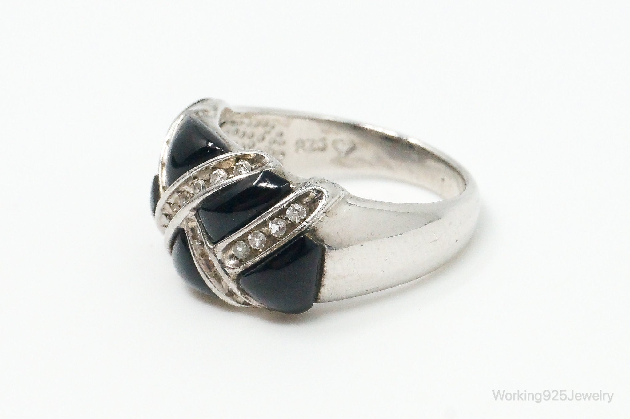 Vintage Designer Black Onyx Cubic Zirconia Sterling Silver Ring - Size 7